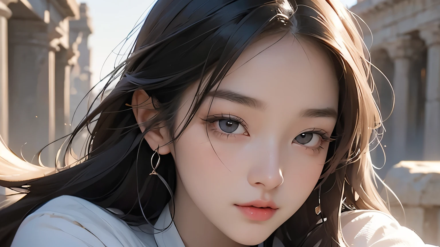 Half-body close-up image。One beautiful woman。Twenty years old。She has her bangs down。Detailed drawing of faces。Beautiful double eyelids。Straight nose。Well-shaped lips。She is looking at the camera with a serious expression。In the space behind her are the ruins of a megalithic civilization.。Masterpiece。