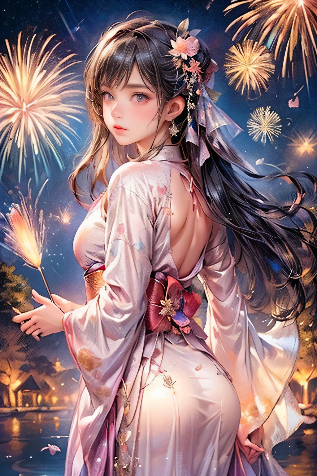 masterpiece:1.2, highest quality, 16k, perfect beauty, ultra-realistic, photorealistic:1.37, beautifuldetailed:1.2, (double exposure The light trail of large fireworks lights up the night sky), (layered beautiful Translucent girl looking up at the sky), yukata, standing, beautiful delicate(hair, face, long eyelash, eyes, pupils, lips, yukata), sparkling eyes, shining rosy lips, blushed cheek, lake:1.2, dynamic angle, back view