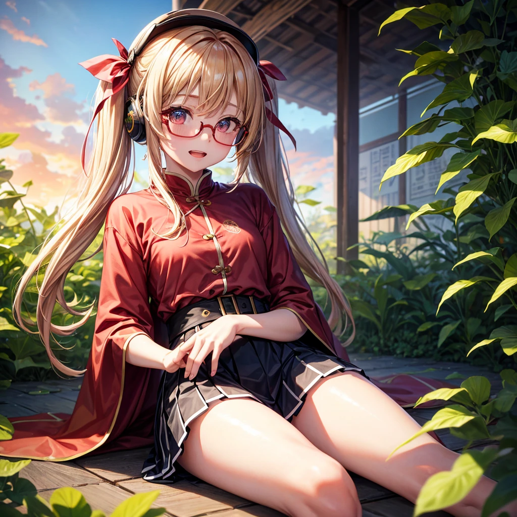 Pink gold golden hair、Golden Eyes、One good looking girl、Twin tails、solo、anime、Checkered mini skirt、The skirt has buttons、Red T-shirt、China、Cape、Black knee-high socks、Wearing headphones、Wearing a ribbon、Ribbon on waist、Tilting face、Teeth are visible、Sunset sky、Water Mountain、Piercing the clouds、Contrail、Red lens glasses、tree、Touching your face、lotus leaves、Cumulonimbus、bamboo forest、Lying down、Glass