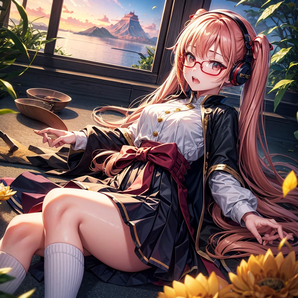 Pink gold golden hair、Golden Eyes、One good looking girl、Twin tails、solo、anime、Checkered mini skirt、The skirt has buttons、Red T-shirt、China、Cape、Black knee-high socks、Wearing headphones、Wearing a ribbon、Ribbon on waist、Tilting face、Teeth are visible、Sunset sky、Water Mountain、Piercing the clouds、Contrail、Red lens glasses、tree、Touching your face、lotus leaves、Cumulonimbus、bamboo forest、Lying down、Glass