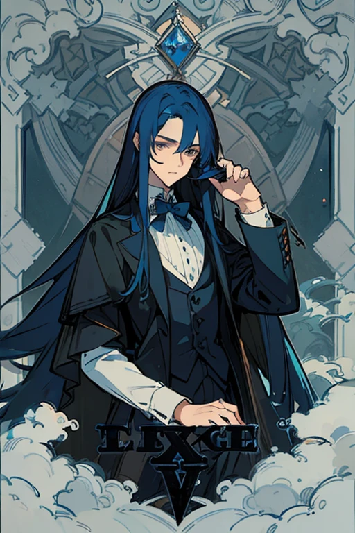 ((best quality)), ((masterpiece)), (detailed), Handsome face, male, 20 year old boy, dark blue hair, (long hair, untidy, Straight Hair), Gothic style outfit