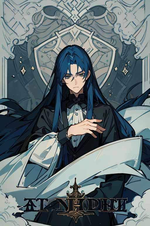 ((best quality)), ((masterpiece)), (detailed), Handsome face, male, 20 year old boy, dark blue hair, (long hair, untidy, Straight Hair), Gothic style outfit
