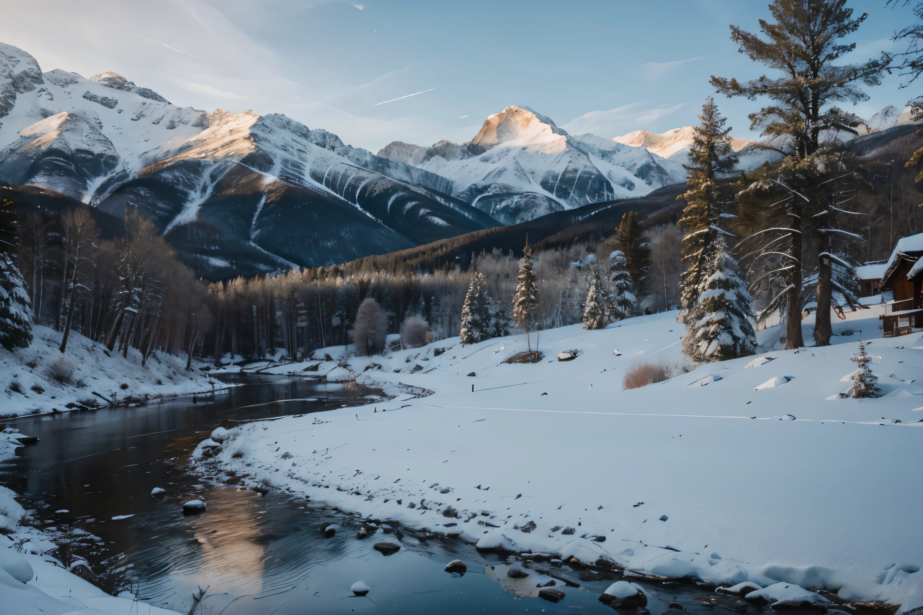 RAW photo, winter landscape, mountains, trees, 8k uhd, dslr, soft lighting, high quality, film grain, Fujifilm XT3