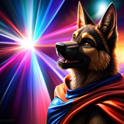 Black furred german shepherd with a bright and a flowing gay pride cape., altura completa, divino, sharp focus, renderizado de octanaje, HDR, atomspheric,penis erect