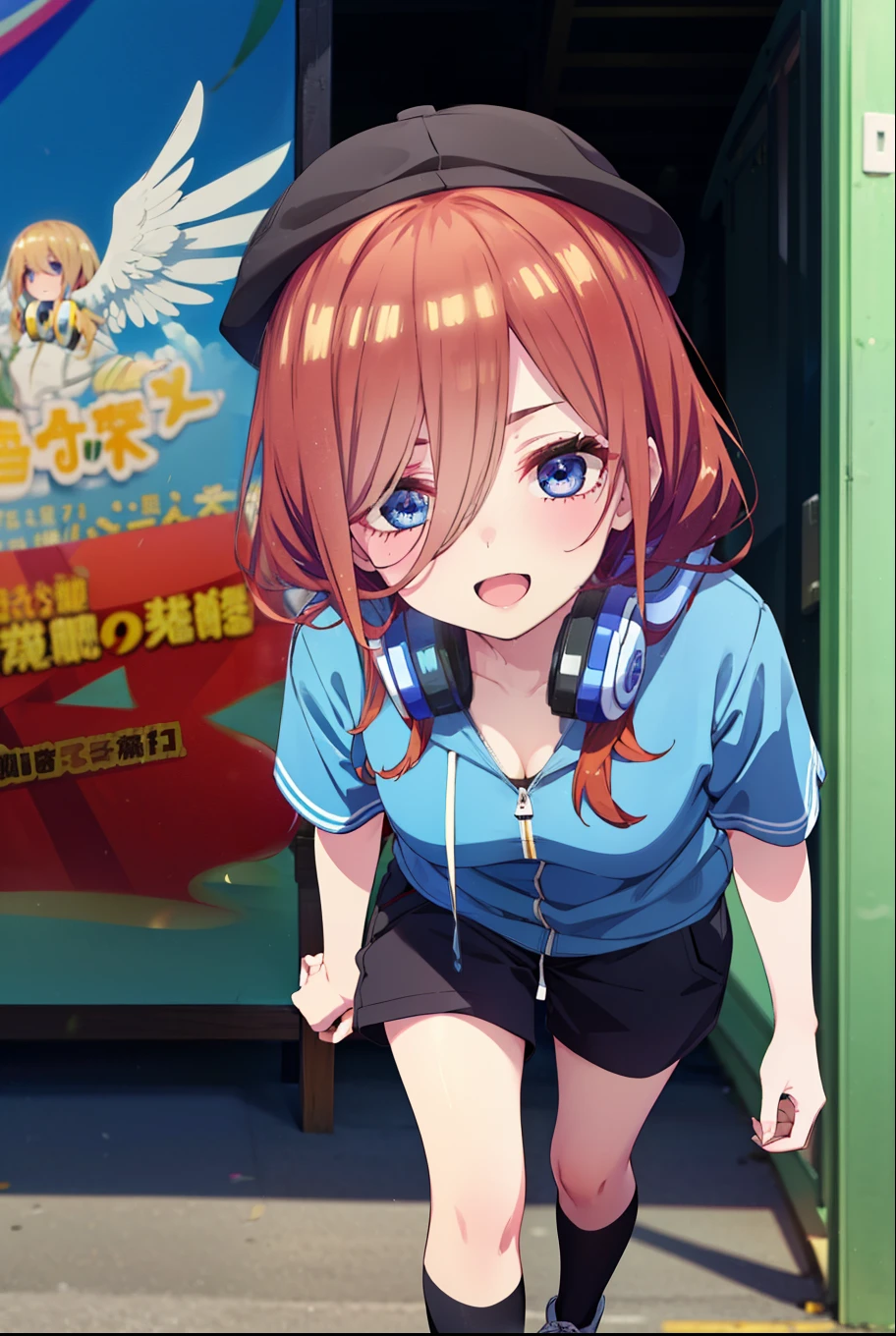 Mikunakano, Miku Nakano, Long Hair, bangs, blue eyes, Brown Hair, shirt, Hair between the eyes, cardigan, Headphones around neck,happy smile, smile, Open your mouth,Oversized blue hoodie,Short sleeve,Shorts,Black knee socks,High-top sneakers,Applejack Hat,Walking,whole bodyがイラストに入るように,Ferris wheel, roller coaster, carousel, balloon, playground, Seaside, green, amusement park
break indoors, amusement park,
break looking at viewer, whole body,
break (masterpiece:1.2), highest quality, High resolution, unity 8k wallpaper, (figure:0.8), (Beautiful fine details:1.6), Highly detailed face, Perfect lighting, Highly detailed CG, (Perfect hands, Perfect Anatomy),