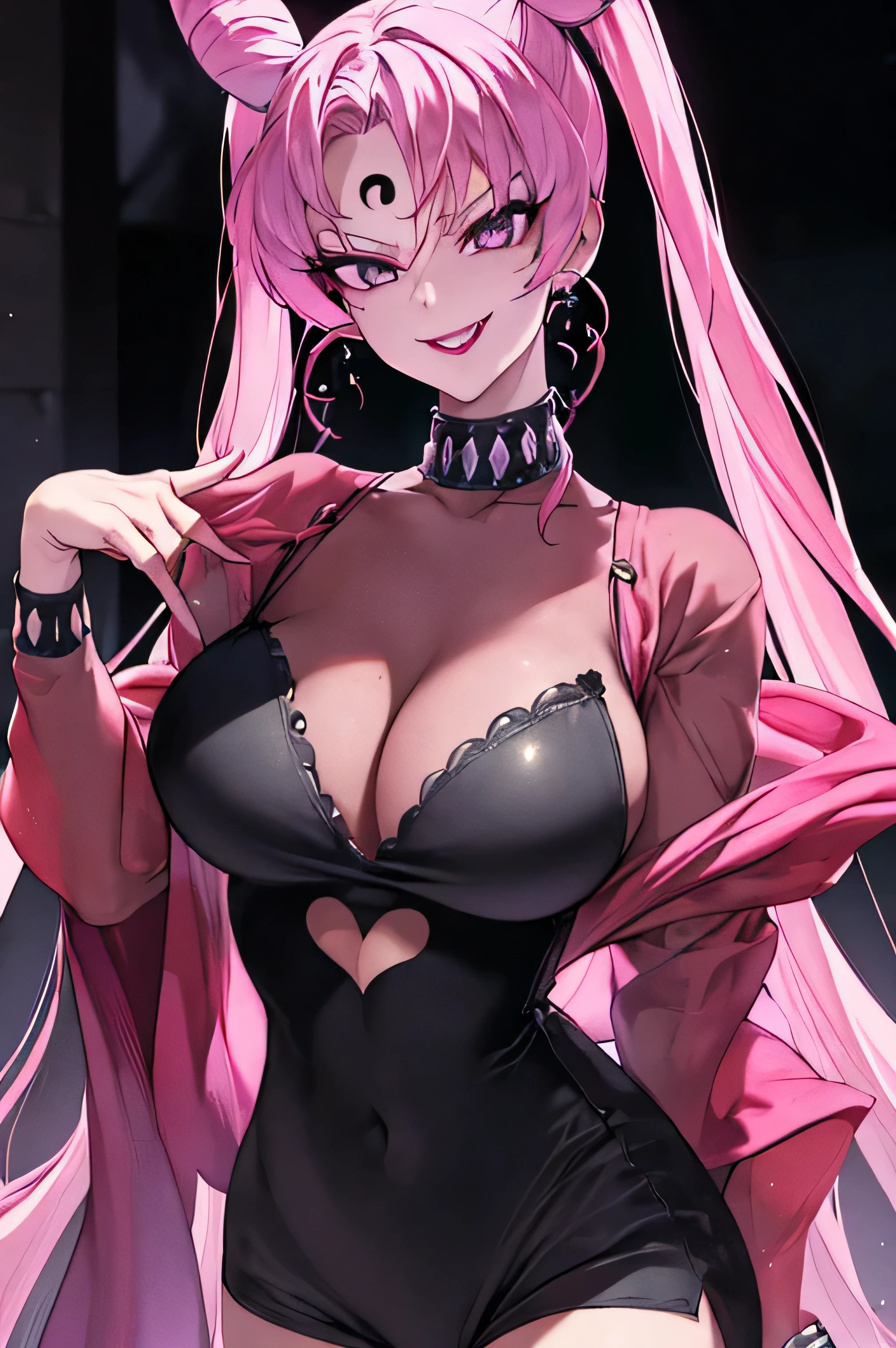 ((masterpiece,best quality)), absurdres,
Black_Lady_Sailor_Moon,pinkhair,twintail
solo, smiling, looking at viewer, cowboy shot,
cinematic composition, evil smirk,official art,short pants,(beautiful_face:1.5),(narrow_waist),,Highly detailed CG Unity 8K wallpaper, perfect lightingofficial art,short pants,(beautiful_face:1.5),(narrow_waist),,Highly detailed CG Unity 8K wallpaper, perfect lighting, anime screencap, retro artstyle, anime coloring, traditional media,evil smile,evil hugehuge laugh,lipstick,purple crystail backgroud,, facial expression, sadistic smile, Closeup, fondo, colores oscuros,,crazy smile,horror,very dark badass,shaded face,upper body,