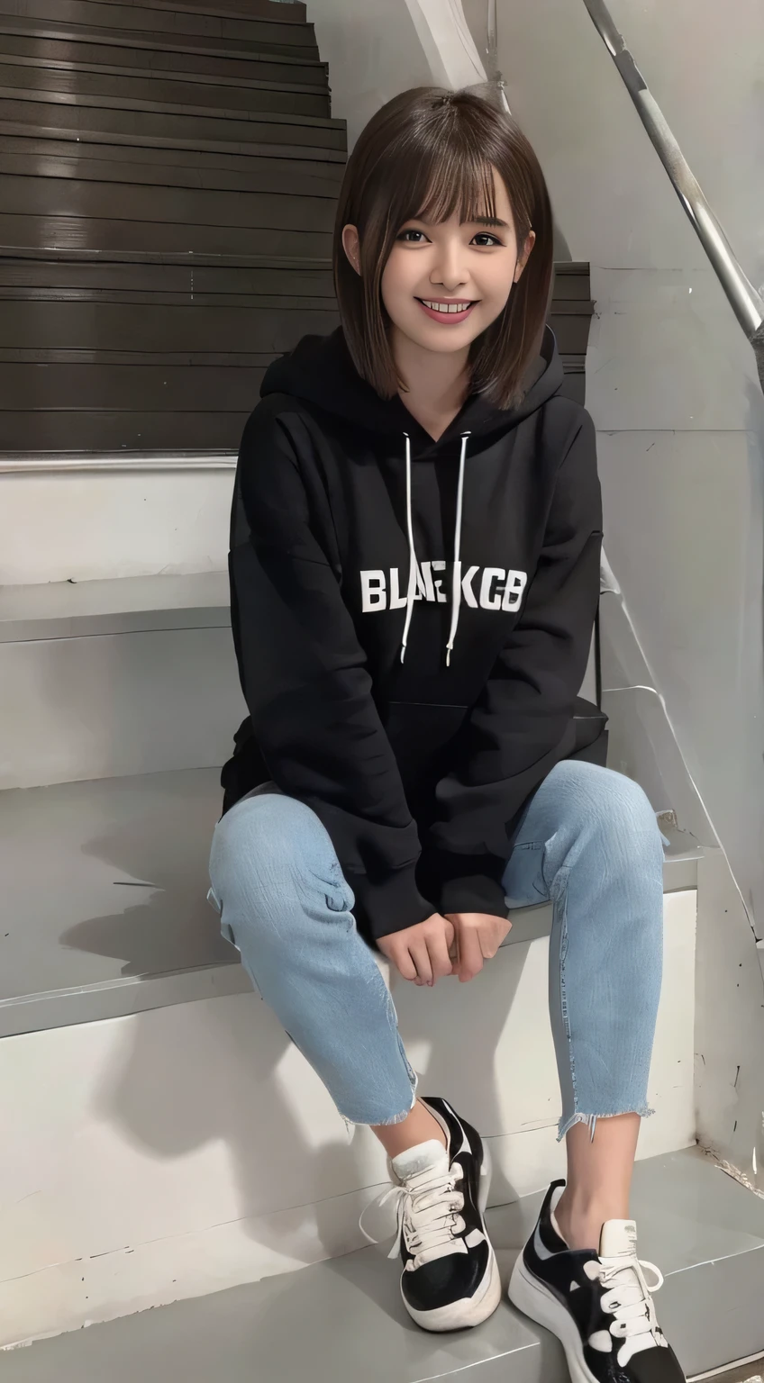 highest quality, Realistic, Very detailed, Finer details, High resolution, 8k wallpaper, One beautiful woman,Sit on the stairs、(Wear black socks)smile、(Beautiful teeth alignment、)(Gums are visible) Oversized hoodie, Skinny jeans,( Black sneakers)、Black Hair、 Beautiful Bangs、ear piercing、Perfect dynamic composition, Beautiful and detailed, Full Body Shot, A big smile brown hair