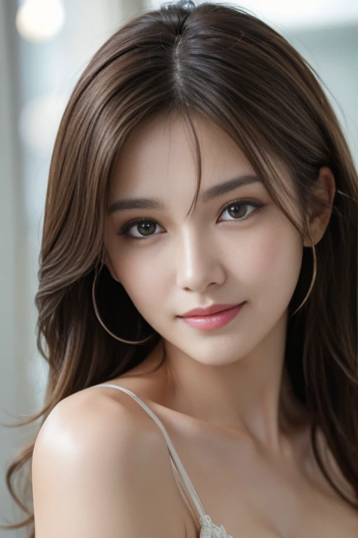 On the table, best quality, Practical, Super detailed, Finely, high resolution, 8k wallpaper, 1 Beautiful woman,, Light brown messy hair, Wearing a suit, Clear focus, Perfect dynamic composition, Beautiful and delicate eyes, Thinning hair, Detailed Practical skin texture, Smile, Close-up portrait, Model figure