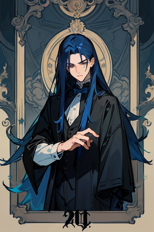 ((best quality)), ((masterpiece)), (detailed), Handsome face, male, 20 year old boy, dark blue hair, (long hair, untidy, Straight Hair), Gothic style outfit