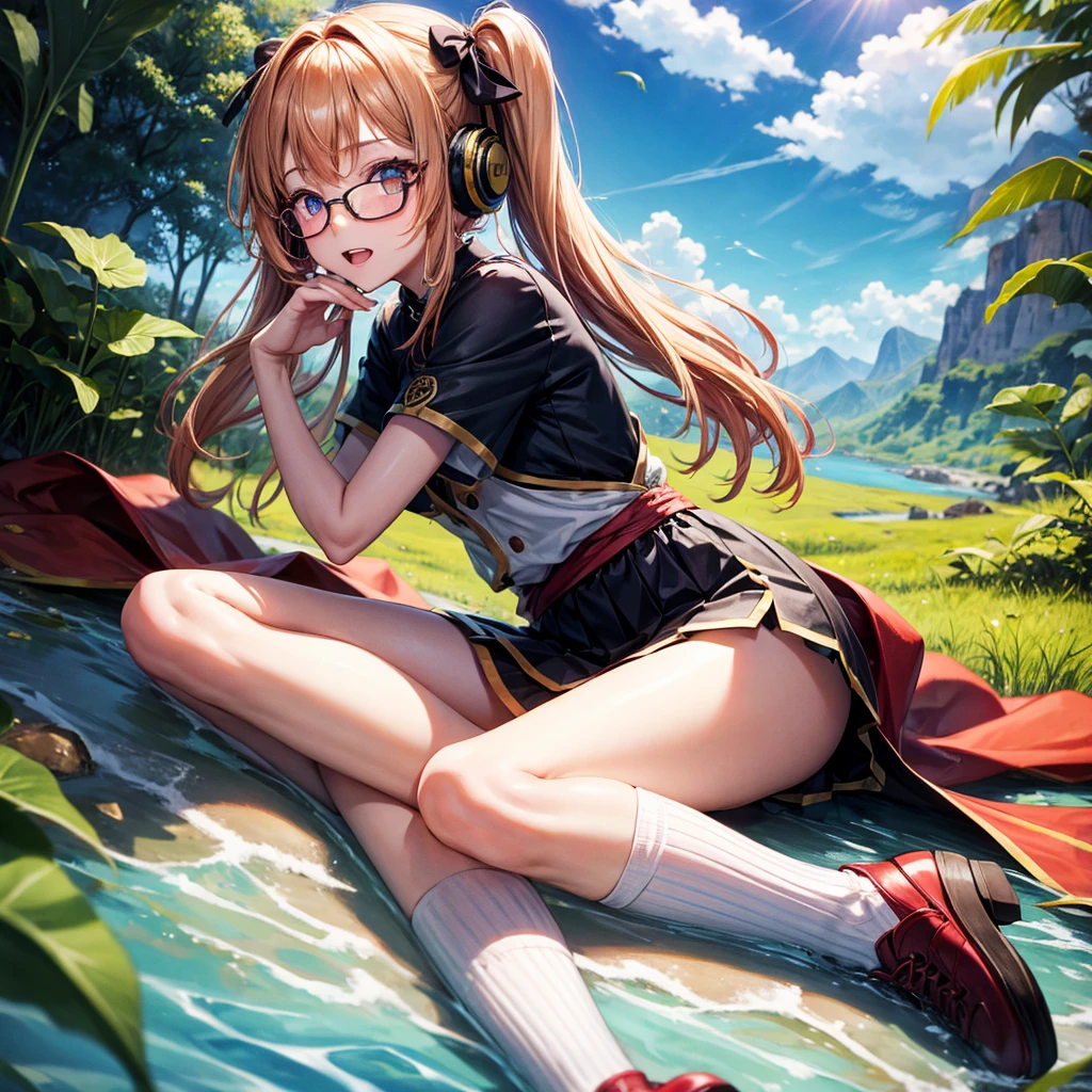 Pink gold golden hair、Golden Eyes、One good looking girl、Twin tails、solo、anime、Checkered mini skirt、The skirt has buttons、Red T-shirt、China、Cape、Black knee-high socks、Wearing headphones、Wearing a ribbon、Ribbon on waist、Tilting face、Teeth are visible、Sunset sky、Water Mountain、Piercing the clouds、Contrail、Glasses、tree、Sitting、Touching your face、lotus leaves、canal、Cumulonimbus