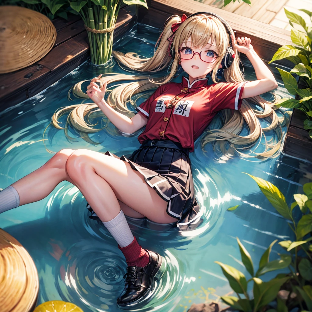 Pink gold golden hair、Golden Eyes、One good looking girl、Twin tails、solo、anime、Checkered mini skirt、The skirt has buttons、Red T-shirt、China、Cape、Black knee-high socks、Wearing headphones、Wearing a ribbon、Ribbon on waist、Tilting face、Teeth are visible、Sunset sky、Water Mountain、Piercing the clouds、Contrail、Red lens glasses、tree、Touching your face、lotus leaves、Cumulonimbus、bamboo forest、Lying down、Glass