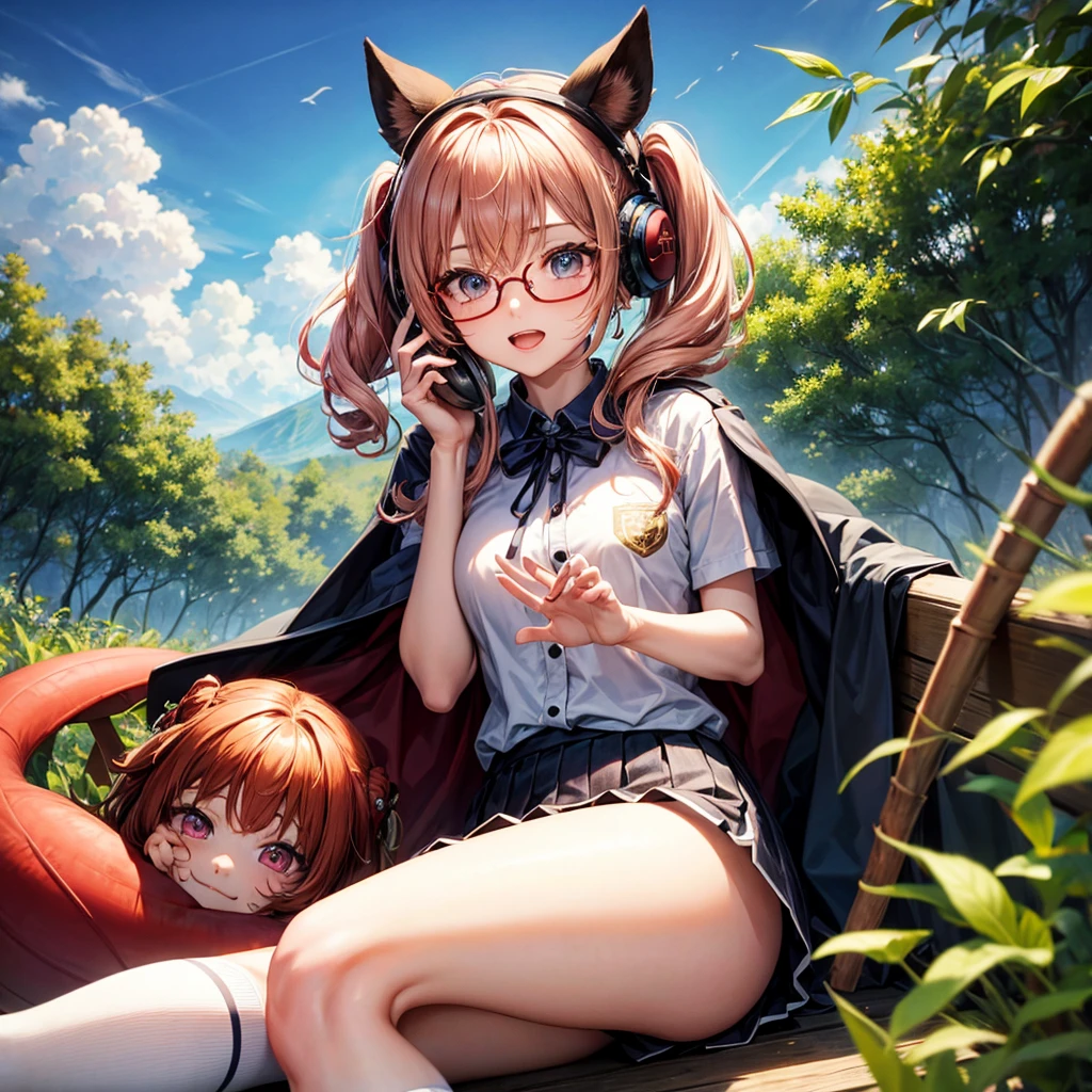 Pink gold golden hair、Golden Eyes、One good looking girl、Twin tails、solo、anime、Checkered mini skirt、The skirt has buttons、Red T-shirt、China、Cape、Black knee-high socks、Wearing headphones、Wearing a ribbon、Ribbon on waist、Tilting face、Teeth are visible、Sunset sky、Water Mountain、Piercing the clouds、Contrail、Red lens glasses、tree、Touching your face、lotus leaves、Cumulonimbus、bamboo forest、Lying down、Glass