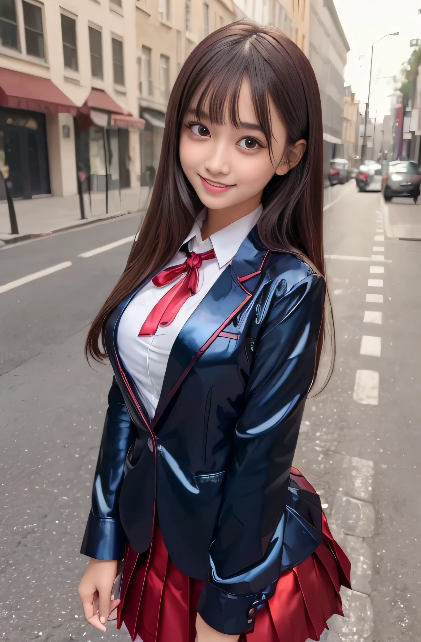 Angelic Very pretty cute young girl,
very beautiful girl,
(V-line jaw),
Beautiful detailed brown eyes,
small straight nose,small mouth,
Detailed double eyelids,
(Large eyes:1.3),
Long straight brown hair,
see-through bangs,
beautiful detailed face and eyes,
smiling, in the street,
BREAK
(super shiny metallic dark red blazer:1.5),metallic pearl white school blouse,(shiny metallic bright red neck ribbon tie:1.2),(super shiny metallic dark blue pleated skirt :1.5),(school uniform with super reflective surfaces:1.5),
(Very beautiful cute girl:1.2),
Very pretty cute young girl,
V-line jaw,
Beautiful detailed eyes,
very beautiful girl,
Detailed double eyelids,
(Large eyes:1.3),
Long straight brown hair,
see-through bangs,
beautiful detailed face and eyes,
smiling,
break
(Very beautiful cute girl, Beautiful detailed eyes, Detailed double eyelids:1.3),
(Soft Saturation: 1.3),
(Fair skin: 1.4),
(Large eyes:1.4),
break
Very beautiful cute girl,
Sharp Focus,
brown hair,
Very beautiful cute girl,
Raw photo,
High resolution,
perfect detail,
Professional Photography, Professional Lighting,
strong lighting,
break
(smile:1.6),(10 yo:1.3)