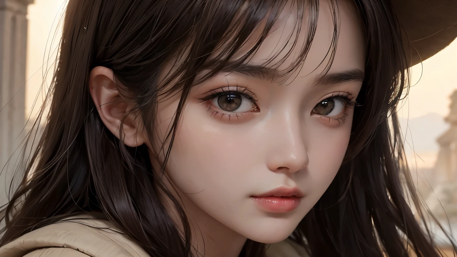 Upper body close-up image。One beautiful woman。Twenty years old。She has her bangs down。Detailed drawing of faces。Beautiful double eyelids。Straight nose。Thick, well-shaped lips。Dark brown hair。Wearing a brown jacket。In the space behind her there are ruins of a super ancient civilization.。Masterpiece。