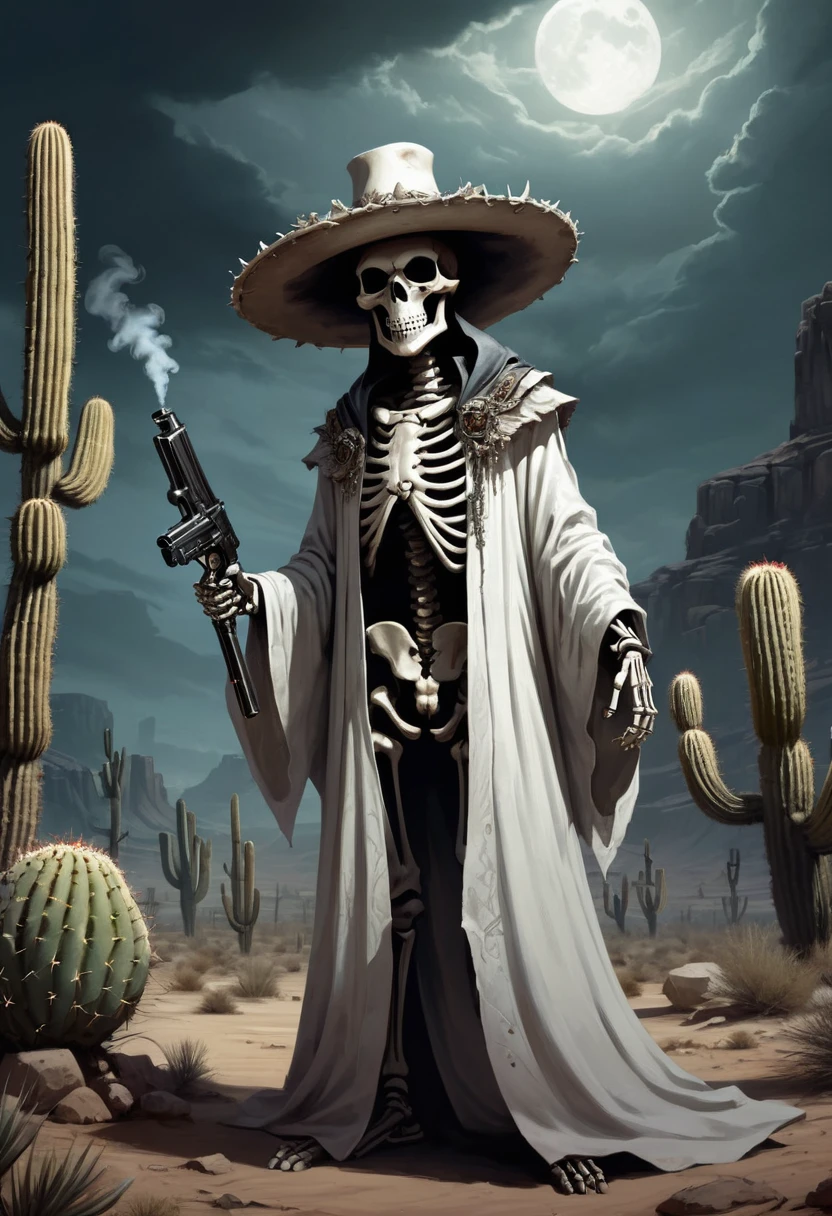 A striking dark fantasy illustration of a skeleton dressed in white robes and a wide-brimmed hat, wielding two intricately detailed smoking guns. The sinister smirk on the skull adds a chilling touch, as if hinting at recent violence. In the dimly lit, desolate desert landscape, the skeleton stands amidst cacti and crumbling stone structures, casting a looming shadow. The atmosphere is eerie and mysterious, evoking a sense of impending doom., dark fantasy