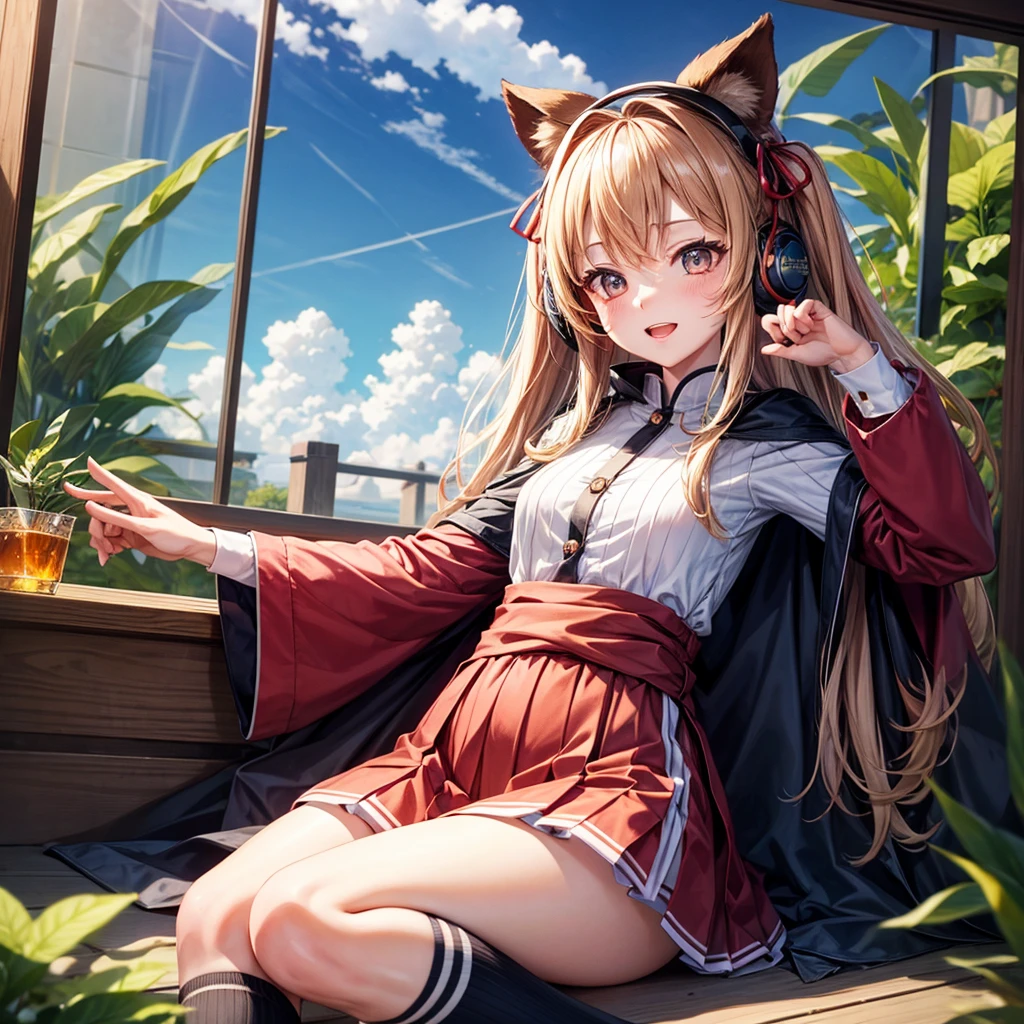 Pink gold golden hair、Golden Eyes、One good looking girl、Twin tails、solo、anime、Checkered mini skirt、The skirt has buttons、Red T-shirt、China、Cape、Black knee-high socks、Wearing headphones、Wearing a ribbon、Ribbon on waist、Tilting face、Teeth are visible、Sunset sky、Water Mountain、Piercing the clouds、Contrail、Red lens glasses、tree、Touching your face、lotus leaves、Cumulonimbus、bamboo forest、Lying down、There is bamboo in the glass case