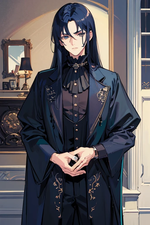 ((best quality)), ((masterpiece)), (detailed), Handsome face, male, 20 year old boy, dark blue hair, (long hair, untidy, Straight Hair), Gothic style outfit