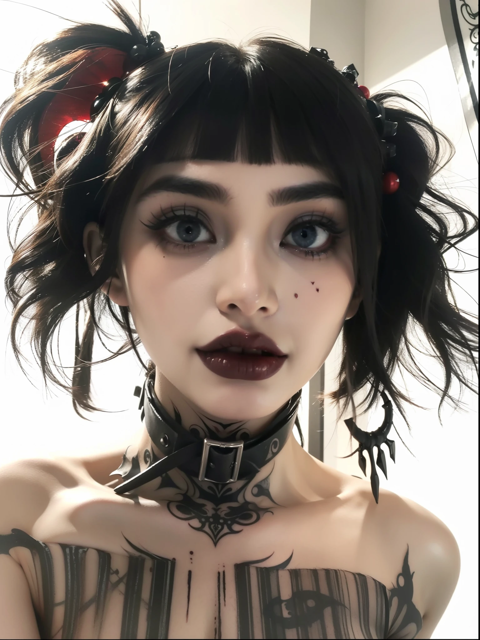 Detailed image quality,Witch Pandora,wing, Succubus Theme,堕落Angel,Excellent,scary,Secret Terror,Tentacles,With eyes,Uncanny Valley Effect,Beast Blood Moon,skeleton,vampire,Hellfire,Dark Queen,Angel,magician magic witch,16岁Angel,Eyes are blue(Pupils as deep as the starry sky),Gorgeous tattoo designs all over the body,Surreal photos(8K picture quality,Rich in details),Dark eyeshadow,Sexy thick lips(Red lipstick),Tattoo designs on body,Dark Queen,anger,angry,Staring at the camera,Gotham City,Harley Quinn(Harry Quinn),There are lip studs,Exaggerated makeup