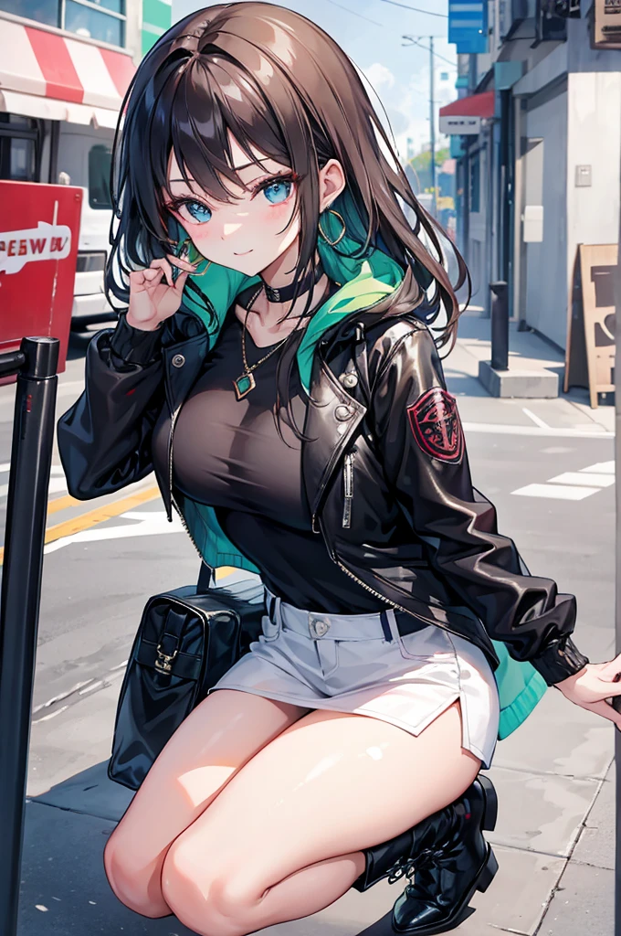 [The character, a woman, is in her mid-20s, radiating youthful energy and confidence. Her hair is a luscious chestnut brown, cascading down in loose waves, framing her face delicately. Her eyes are a mesmerizing shade of emerald green, sparkling with intelligence and curiosity. She has a heart-shaped face, with soft features accentuated by subtle makeup that enhances her natural beauty.

The woman is dressed in a chic and modern ensemble, consisting of a fitted black leather jacket worn over a crisp white blouse. She pairs this with high-waisted skinny jeans, adorned with edgy zipper details, and ankle boots with metallic accents. Accessorizing with statement jewelry, she wears oversized hoop earrings and a layered necklace that adds a touch of glamor to her look.

Her confident stance exudes charisma, with one hand casually tucked into the pocket of her jacket while the other rests on her hip. There's a playful smirk playing on her lips, hinting at a mischievous personality beneath her composed exterior.

The overall image captures her essence flawlessly, with every detail rendered in stunning clarity. The high-resolution image, presented in 8k quality, ensures that no nuance of her appearance is lost, making it a perfect depiction of this captivating character.]