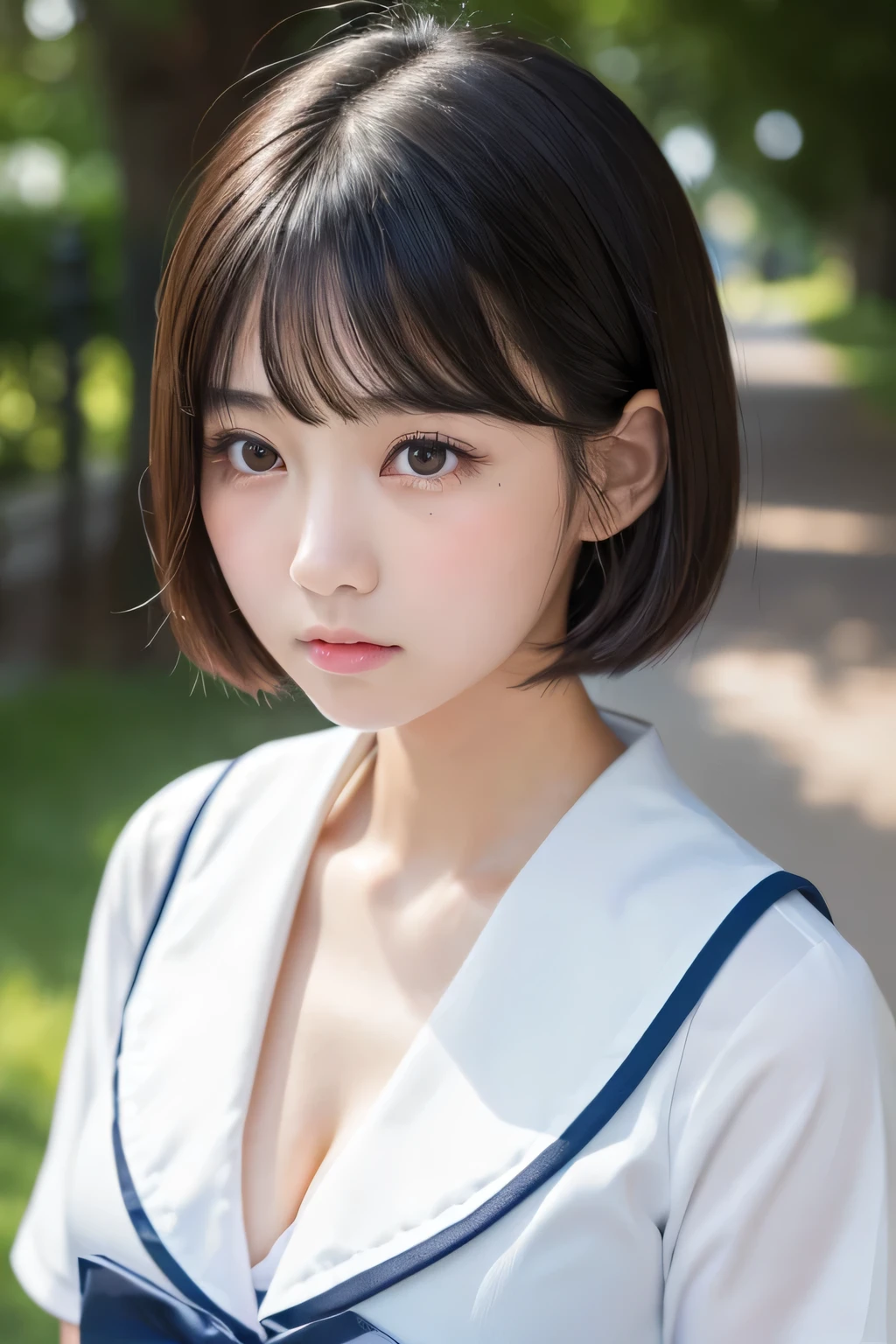 (1 Girl)、(Beautiful Japanese、ars old,round face、Refreshing、clear、seems kind、stylish、Pitiful、cute like an angel、cute、black eyes、,actress,Almond-shaped eyes,Translucent white skin、Beautiful skin), Good style , (Beautiful big breasts:1.2),(soft breasts),(very cute),(Black hair),(short bob hair),(enchanting eyes),(highlight on eyes:1.2)、(8K、Live shooting、highest quality、masterpiece:1.2、optimal lighting)、((masterpiece)),(Photo taken by a professional photographer),(real、photo real:1.4),break,{ (Japanese High School Uniform),(cute Sailor suit),(cute sailor uniform)},(cleavage:1.2)},(Angry face:1.2),(tears:1.4))(cheeks are red:1.2), break, break,Old abandoned hospital,Face shot:1.3、 night、looking at viewer, face close-up,Looking up、dynamica angle