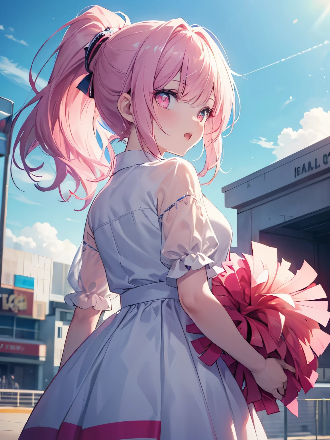 masutepiece, Highest Quality, (Perfect face:1.1), (high detailing:1.1), (ultradetailed eyes), ((looking away:1.4))Dramatic, superfine illustration, Extremely detailed,1girl in, ager,(pale skin), Happy, Laugh, Enjoy, pinkhair, ponytail,gloweyes,pink eyes,Ethereal eyes, with heart-shaped eyes,wink,open mouth,smile,Solo,Pouty lips,Cinematic lighting,cowboy shot,cheerleader,from side,outdoor,bluesky,sunny