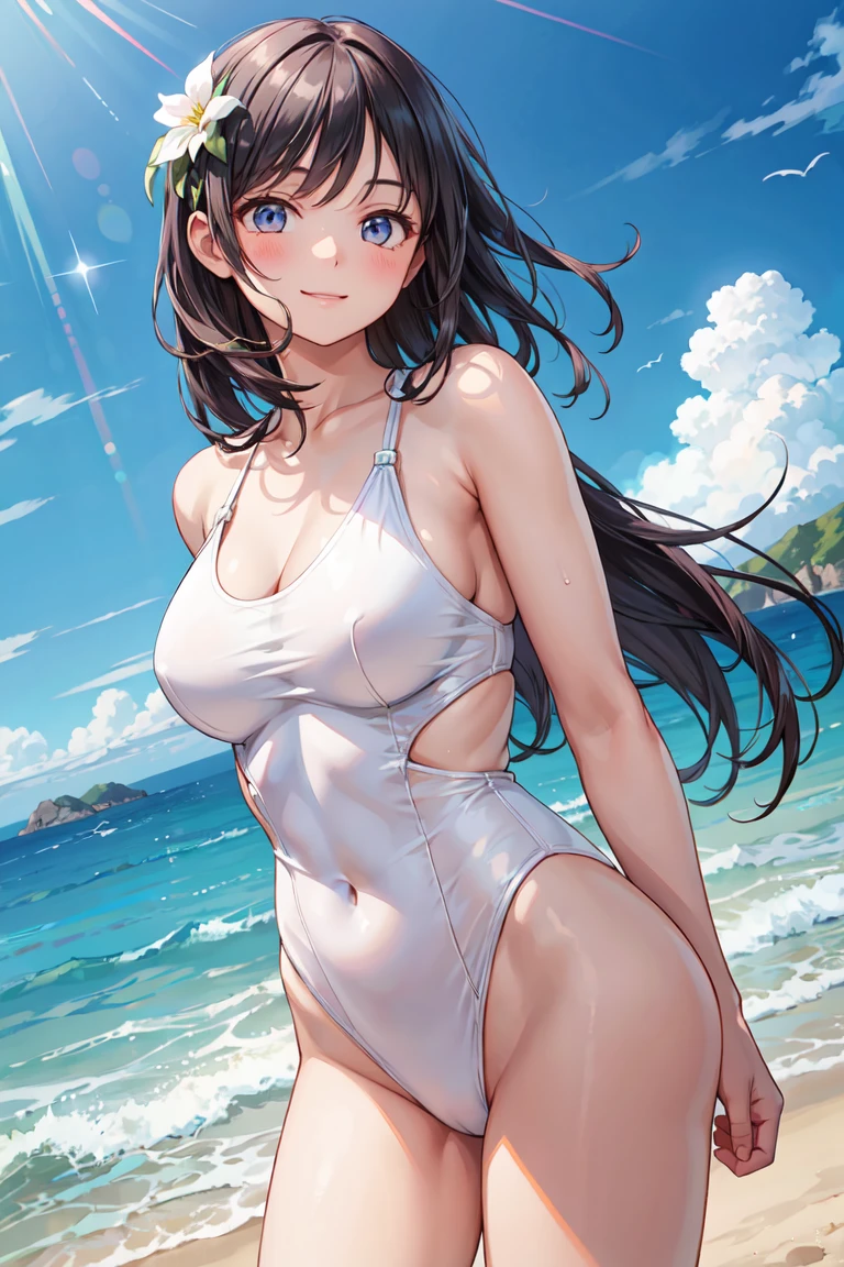 Beautiful woman, White swimsuit, On a beautiful beach, Disheveled long hair, make out, A light smile, Holding flowers, Ultra HD, Realistic, Bright colors, High detail, UHD rendering, Perfect composition, A beautiful and detailed complex