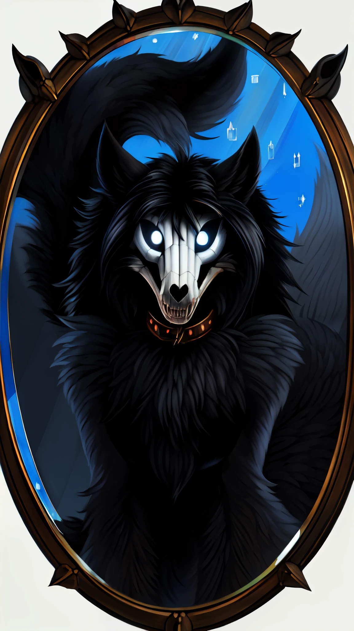 MalO, Scp 1471, 1man, male, ((four legged character)), (slit pupils, white eyes, black sclera), digitigrade, (collar), masterpiece, best quality, detailed realistic fur, furry, (canine skull), detailed background, (low angle shot), detailed face, detailed eyes, (covered in fur, detailed black fluffy fur, fluffy tail, furry:1.5), (flat chest, SFW:1.5), (looking Through Looking Glass Land mirror, MagicItem_v1, blank background, fantasy painting:1.35)