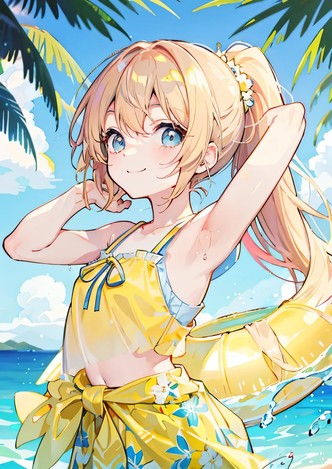 Lemon print swim ring、Attach the float to the torso、A floating ring around his waist