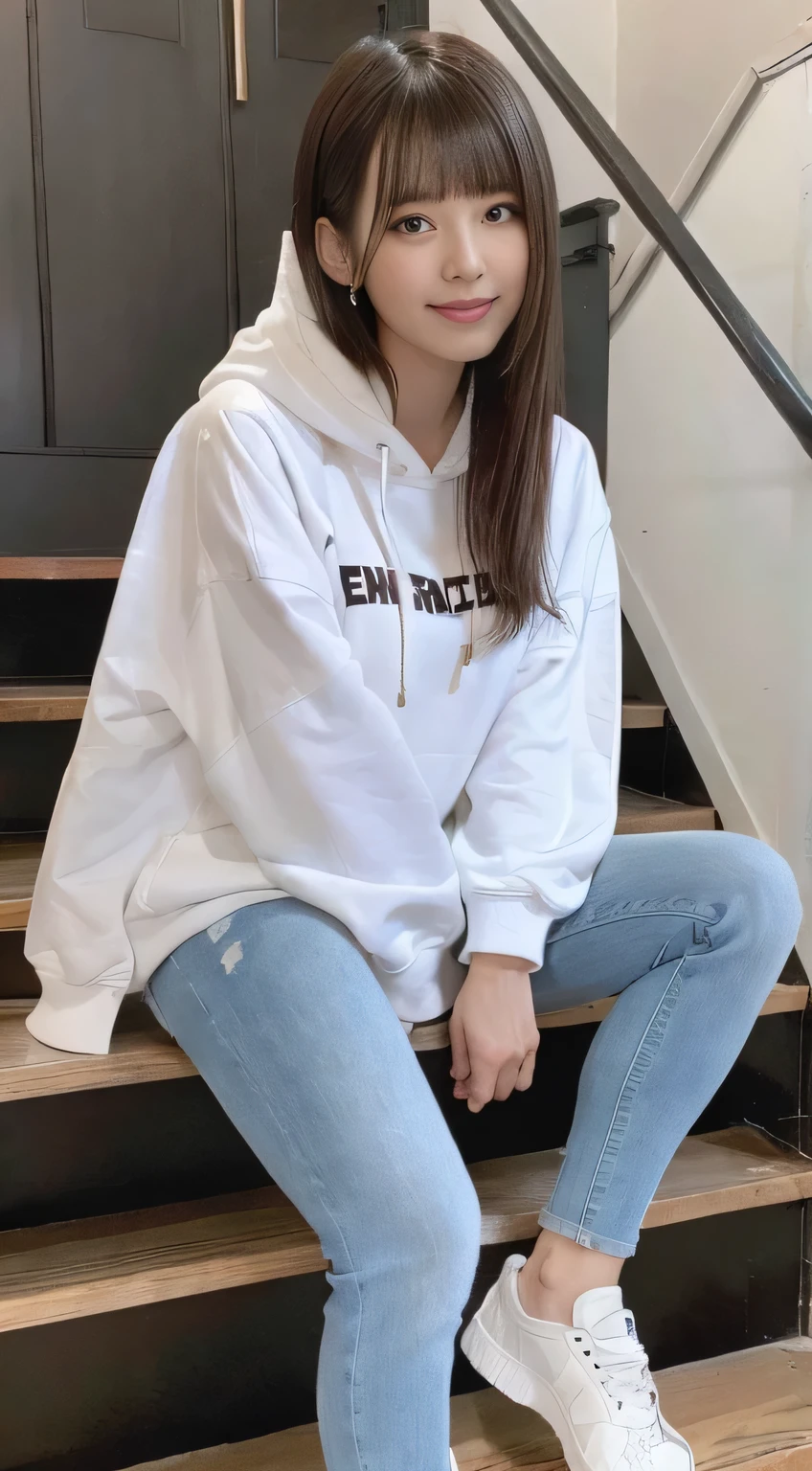 highest quality, Realistic, Very detailed, Finer details, High resolution, 8k wallpaper, One beautiful woman,Sit on the stairs、(Wear black socks)smile、(Beautiful teeth alignment、)(Gums are visible) Oversized hoodie, Skinny jeans,( Black sneakers)、Black Hair、 Beautiful Bangs、ear piercing、Perfect dynamic composition, Beautiful and detailed, Full Body Shot, A big smile brown hair