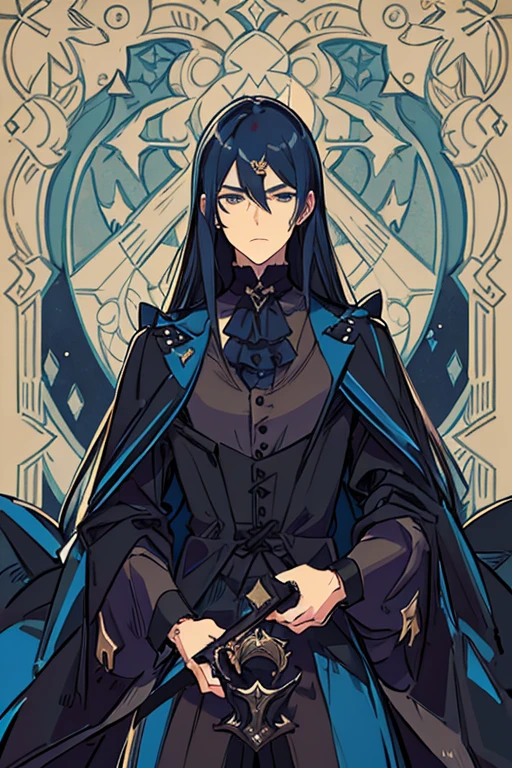 ((best quality)), ((masterpiece)), (detailed), Handsome face, male, 20 year old boy, dark blue hair, (long hair, untidy, Straight Hair), Gothic style outfit