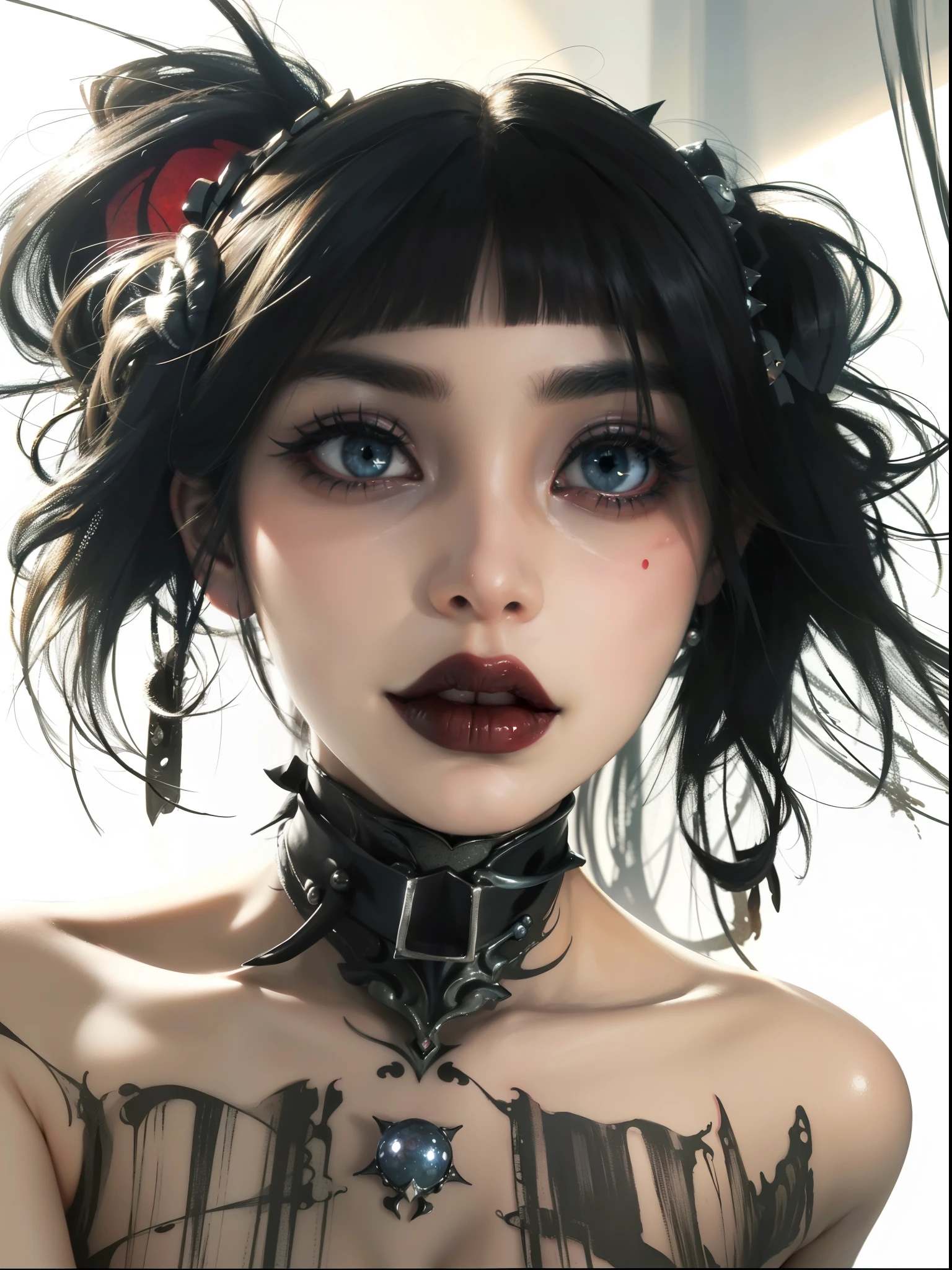 Detailed image quality,Witch Pandora,wing, Succubus Theme,堕落Angel,Excellent,scary,Secret Terror,Tentacles,With eyes,Uncanny Valley Effect,Beast Blood Moon,skeleton,vampire,Hellfire,Dark Queen,Angel,magician magic witch,Angel,Eyes are blue(Pupils as deep as the starry sky),Gorgeous tattoo designs all over the body,Surreal photos(8K picture quality,Rich in details),Dark eyeshadow,Sexy thick lips(Red lipstick),Tattoo designs on body,Dark Queen,anger,angry,Staring at the camera,Gotham City,(Harry Quinn),There are lip studs,Exaggerated makeup
