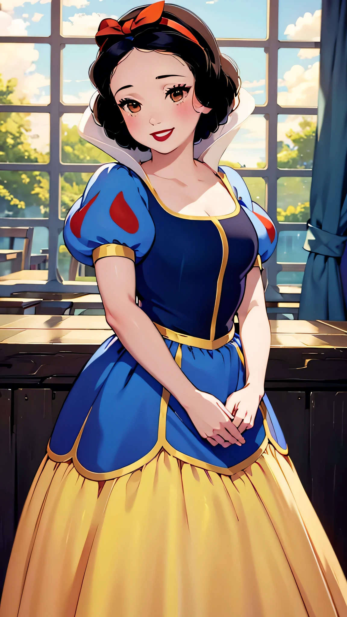 1girl, solo, SnowWhite, short hair, black hair, smooth hair, bow, brown eyes, lipstick, red lipstick, pale skin, yellow dress skirt, long skirt, blue bodice, short sleeves, hair bow, hairband, puffy sleeves, puffy short sleeves, smile, looking at the viewer, restaurant, orange sky, windows, anatomically correct, digital art