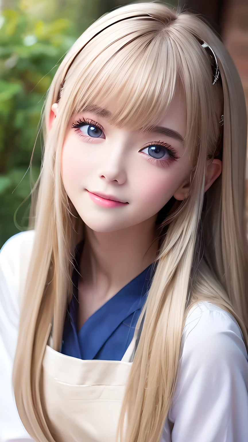 Photorealism、highest quality、超A high resolution、photograph、Photograph of a very beautiful girl from Scandinavia、Very beautiful girl、Cute and beautiful face details、(PurerosFace_v1:0.008)、Beautiful Bangs、Alice in Wonderland、16 years old、Shine, fair, Shine Skin、Facial hair、Bangs on the face、Bangs between the eyes、Super long super long hair、Attractive bright natural platinum blonde super long straight silky hair、Thin Hair、Very large, Beautifully Shine Bright Blue Eyes、white apron、Blue clothes、eyeliner、double eyelid、Ample Bust、white, Shiny skin、Small Face Beauty、Round face、