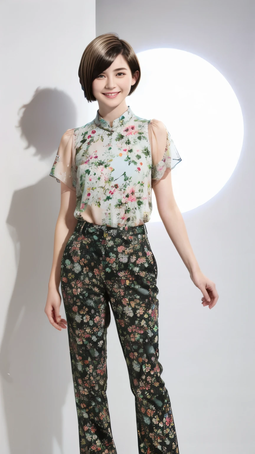 230 (18-year-old female,Floral clothes),  ((short hair:1.46)),  (Pants Style), (A kind smile)