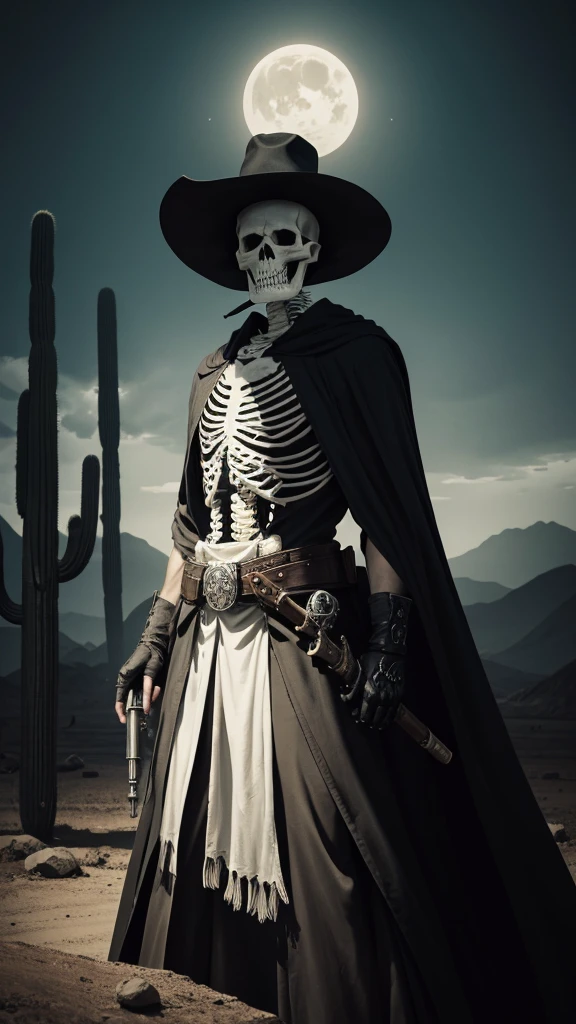 A striking dark fantasy illustration of a skeleton dressed in white robes and a wide-brimmed hat, wielding two intricately detailed smoking guns. The sinister smirk on the skull adds a chilling touch, as if hinting at recent violence. In the dimly lit, desolate desert landscape, the skeleton stands amidst cacti and crumbling stone structures, casting a looming shadow. The atmosphere is eerie and mysterious, evoking a sense of impending doom., dark fantasy