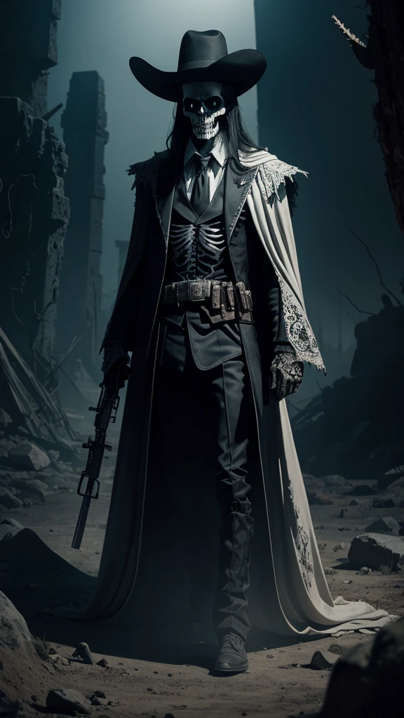 A striking dark fantasy illustration of a skeleton dressed in white robes and a wide-brimmed hat, wielding two intricately detailed smoking guns. The sinister smirk on the skull adds a chilling touch, as if hinting at recent violence. In the dimly lit, desolate desert landscape, the skeleton stands amidst cacti and crumbling stone structures, casting a looming shadow. The atmosphere is eerie and mysterious, evoking a sense of impending doom., dark fantasy