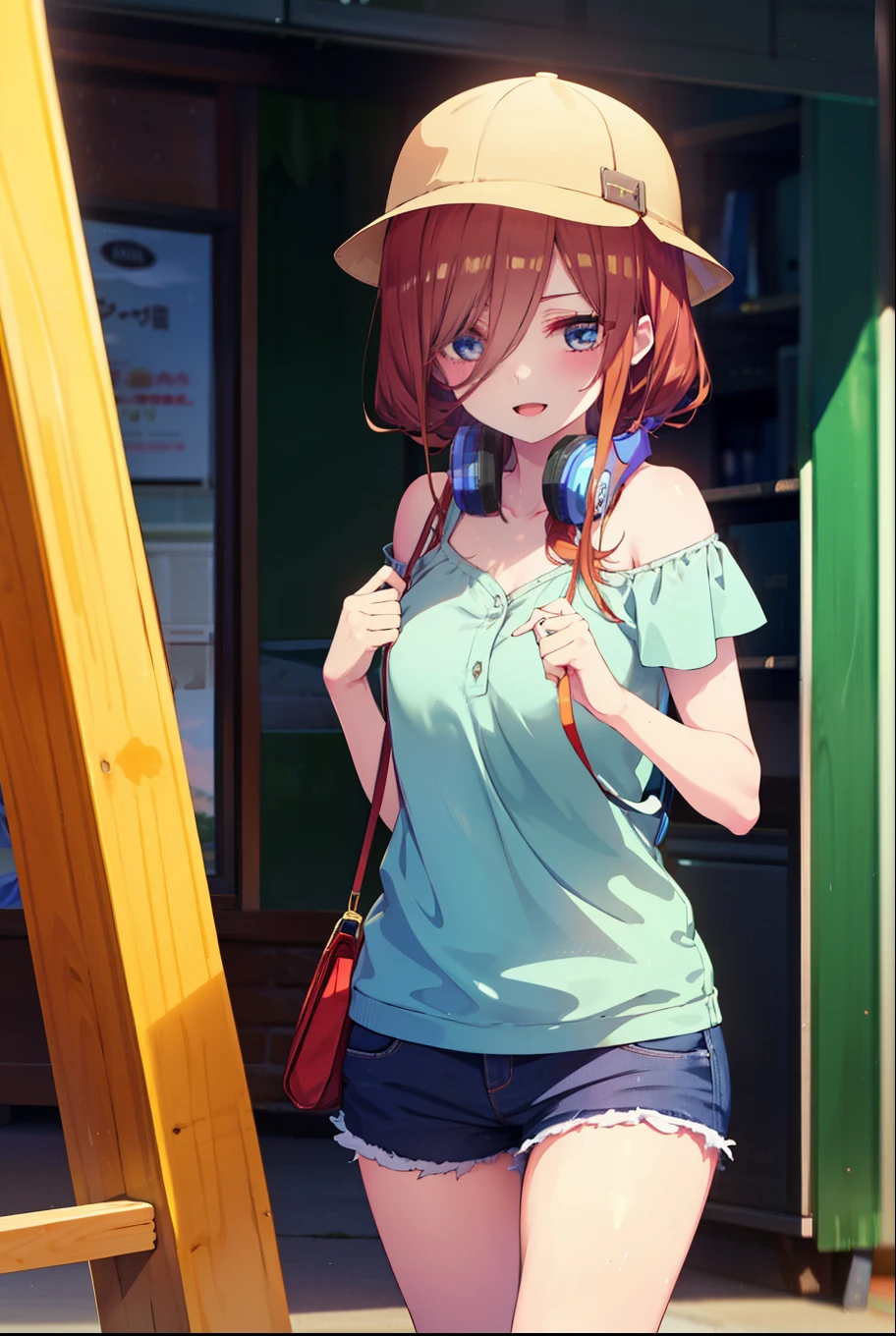 Mikunakano, Miku Nakano, Long Hair, bangs, blue eyes, Brown Hair, shirt, Hair between the eyes, cardigan, Headphones around neck,happy smile, smile, Open your mouth,Cold shoulder tops,Short sleeve,Shorts,High-top sneakers,Applejack Hat,Walking,whole bodyがイラストに入るように,Ferris wheel, roller coaster, carousel, balloon, playground, Seaside, green, amusement park
break indoors, amusement park,
break looking at viewer, whole body,(Cowboy Shot:1. 5)
break (masterpiece:1.2), highest quality, High resolution, unity 8k wallpaper, (figure:0.8), (Beautiful fine details:1.6), Highly detailed face, Perfect lighting, Highly detailed CG, (Perfect hands, Perfect Anatomy),