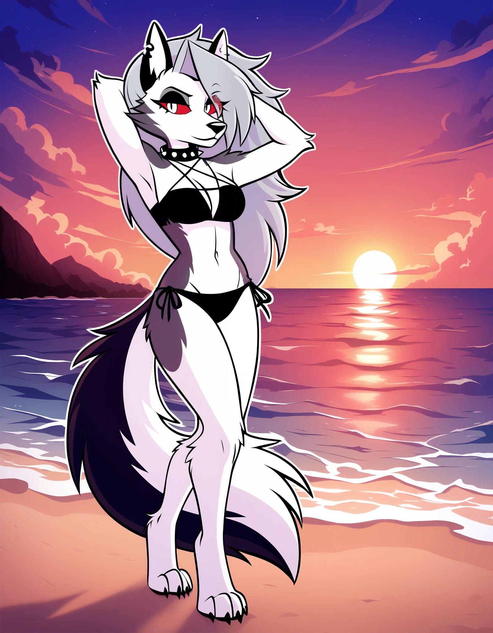 safe content, by vivzmind, mammal, canid, canid demon, demon, canine, monster, anthro, female, fur, solo, hair, white body, white fur, helluva boss,  hellhound, loona, red sclera, black bikini, white eyes, official art, beach, sunset, detailed fur, fluffy, sexy pose