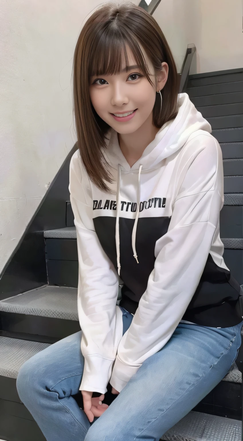 highest quality, Realistic, Very detailed, Finer details, High resolution, 8k wallpaper, One beautiful woman,Sit on the stairs、(Wear black socks)smile、(Beautiful teeth alignment、)(Gums are visible) Oversized hoodie, Skinny jeans,( Black sneakers)、Black Hair、 Beautiful Bangs、ear piercing、Perfect dynamic composition, Beautiful and detailed, Full Body Shot, A big smile brown hair