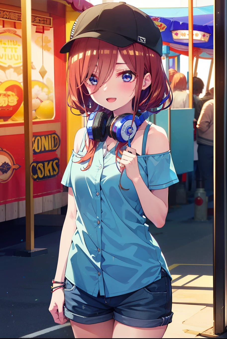 Mikunakano, Miku Nakano, Long Hair, bangs, blue eyes, Brown Hair, shirt, Hair between the eyes, cardigan, Headphones around neck,happy smile, smile, Open your mouth,Cold shoulder tops,Short sleeve,Shorts,High-top sneakers,Applejack Hat,Walking,whole bodyがイラストに入るように,Ferris wheel, roller coaster, carousel, balloon, playground, Seaside, green, amusement park
break indoors, amusement park,
break looking at viewer, whole body,(Cowboy Shot:1. 5)
break (masterpiece:1.2), highest quality, High resolution, unity 8k wallpaper, (figure:0.8), (Beautiful fine details:1.6), Highly detailed face, Perfect lighting, Highly detailed CG, (Perfect hands, Perfect Anatomy),
