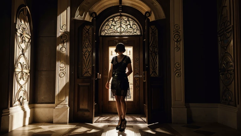 "A stylish woman in a 1920s flapper dress, standing in front of an ornate, mysterious doorway, with shadows casting intriguing patterns around her."