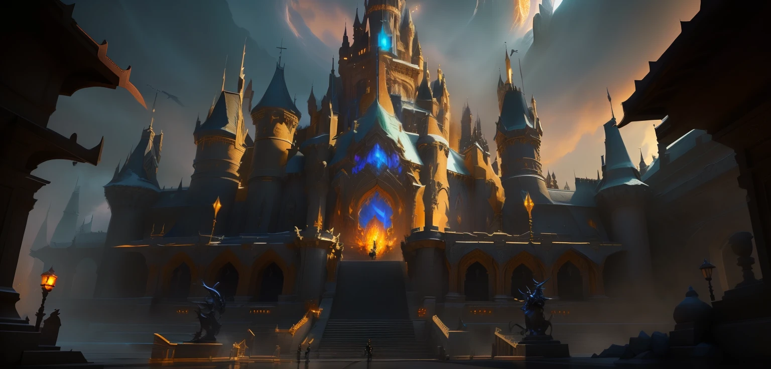 There is a big castle,There is a dragon statue in the middle,(night:1) stuning Fantasy 3d rendering, Fantasy concept art, Diablo concept art, Unreal Engine fantasy art,world concept, 魔兽world concept艺术, Fantasy 3d rendering, 幻想world concept, Mysterious dota Pixar, Dota Matte Concept Art, Concept art is very detailed