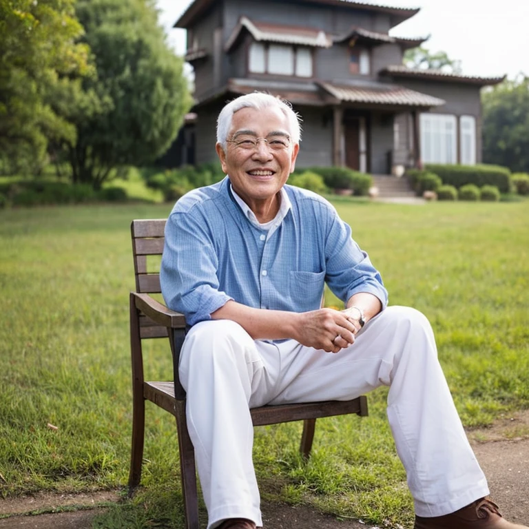 grandfather、Cheerful smile、Smiling、kind、Clean clothes、The background is a rural pasture.、Sitting on a chair outside the house、Gray Hair