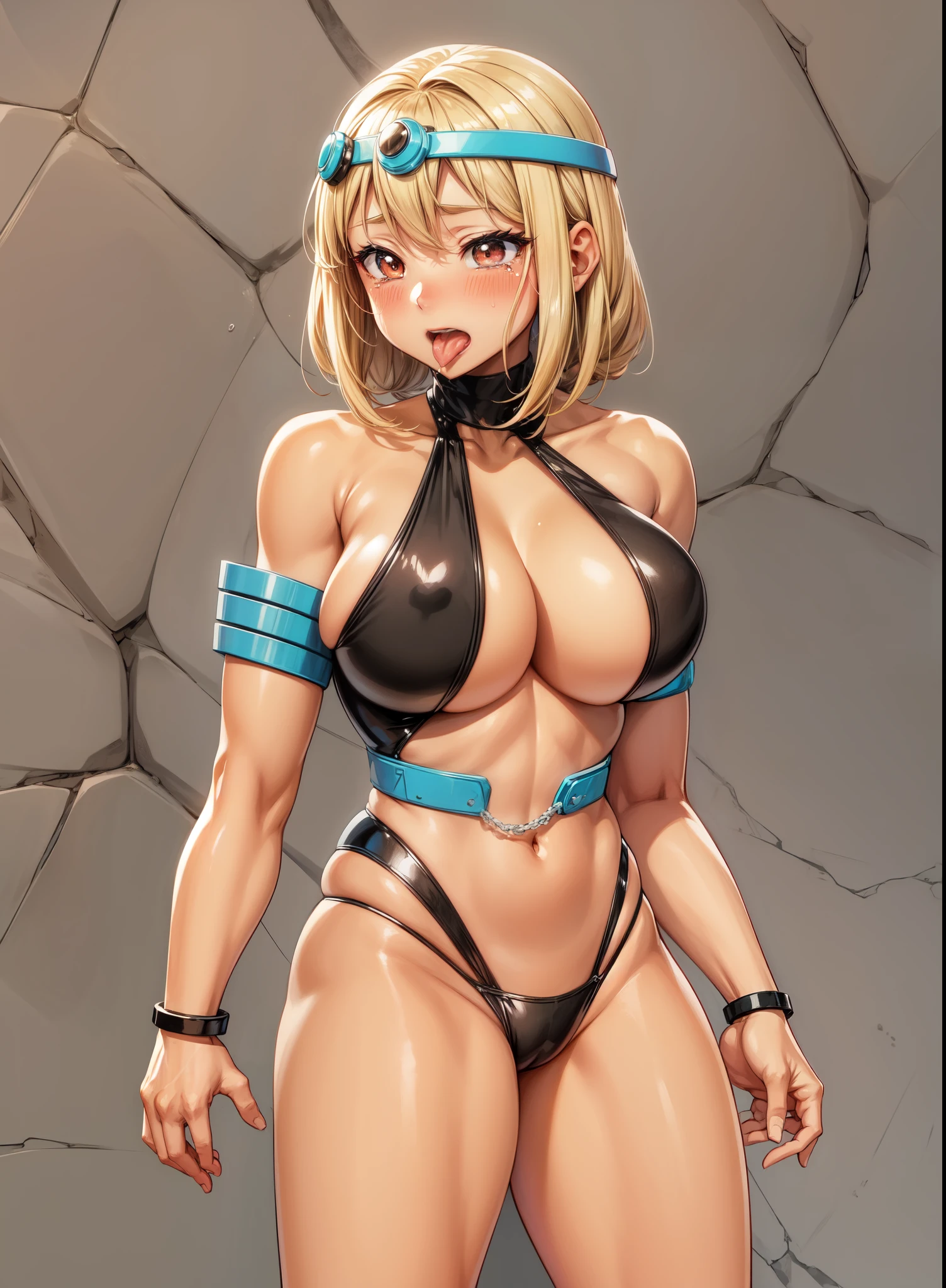 Japanese dark skinned girl、Close-up of a girl in a black bikini、Black shiny latex suit, Saiyan Girl, wonderful, Nano Girl, Female body type, Inspired by Hiromu Arakawa, Anime Manga Robot!! Anime Girls, Fubuki, Full Body Suit, by Hiromu Arakawa、wonderful, silk, Beautiful and attractive anime , Anime Girls of the future, tears,Drooling,Pee,Sweat,Tongue out,incontinence,Peeing,Mouth open and tongue out,Estrus,Eyes wide open,Estrus,Blushing,Nipples are erect,Face is hot,Lust、Mouth wide open and tongue sticking out、incontinenceして股間が濡れています、Crying face、Droolingを垂らしている