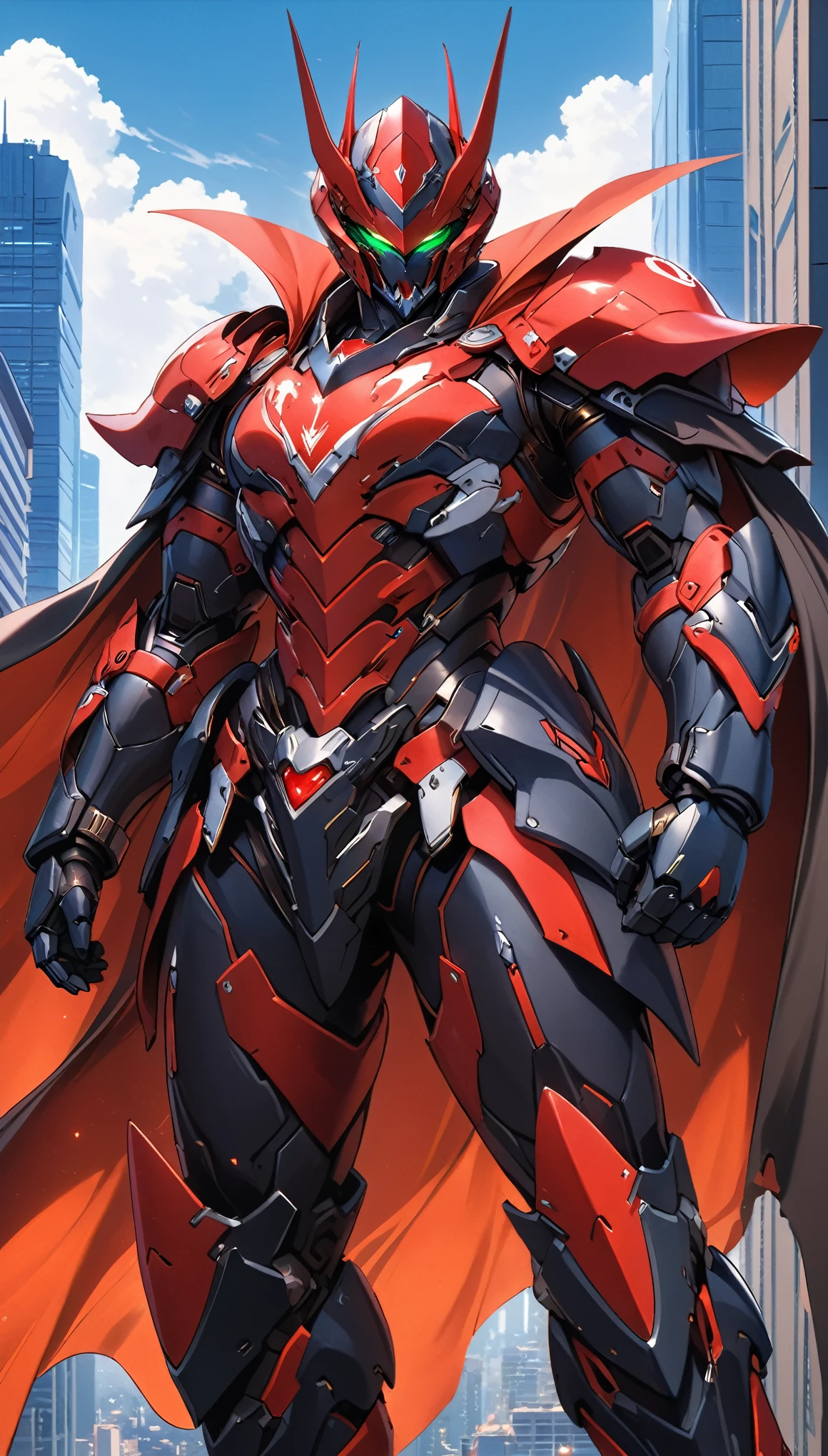 A man wearing a full-face helmet, a fantasy-style biotech armored combat suit, green eyes, (a composite layered chest armor), fully enclosed shoulder guards, matching arm and leg guards, the belt is adorned with fangs biting into gemstone, (the color scheme is primarily blue with black and red accents), the design balances heavy with agility, a high-tech bio-mecha armor, (Armor Concept Inspired by Vampire, the huge cape fluttering in the wind, stand on the top of a skyscraper in a futuristic sci-fi city), this character embodies a finely crafted fantasy-surreal style armored hero in anime style, exquisite and mature manga art style, (battle damage, element, blood, plasma, energy, the armor glows), ((male:1.5)), metallic, real texture material, dramatic, high definition, best quality, highres, ultra-detailed, ultra-fine painting, extremely delicate, professional, perfect body proportions, golden ratio, anatomically correct, symmetrical face, extremely detailed eyes and face, high quality eyes, creativity, RAW photo, UHD, 32k, Natural light, cinematic lighting, masterpiece-anatomy-perfect, masterpiece:1.5