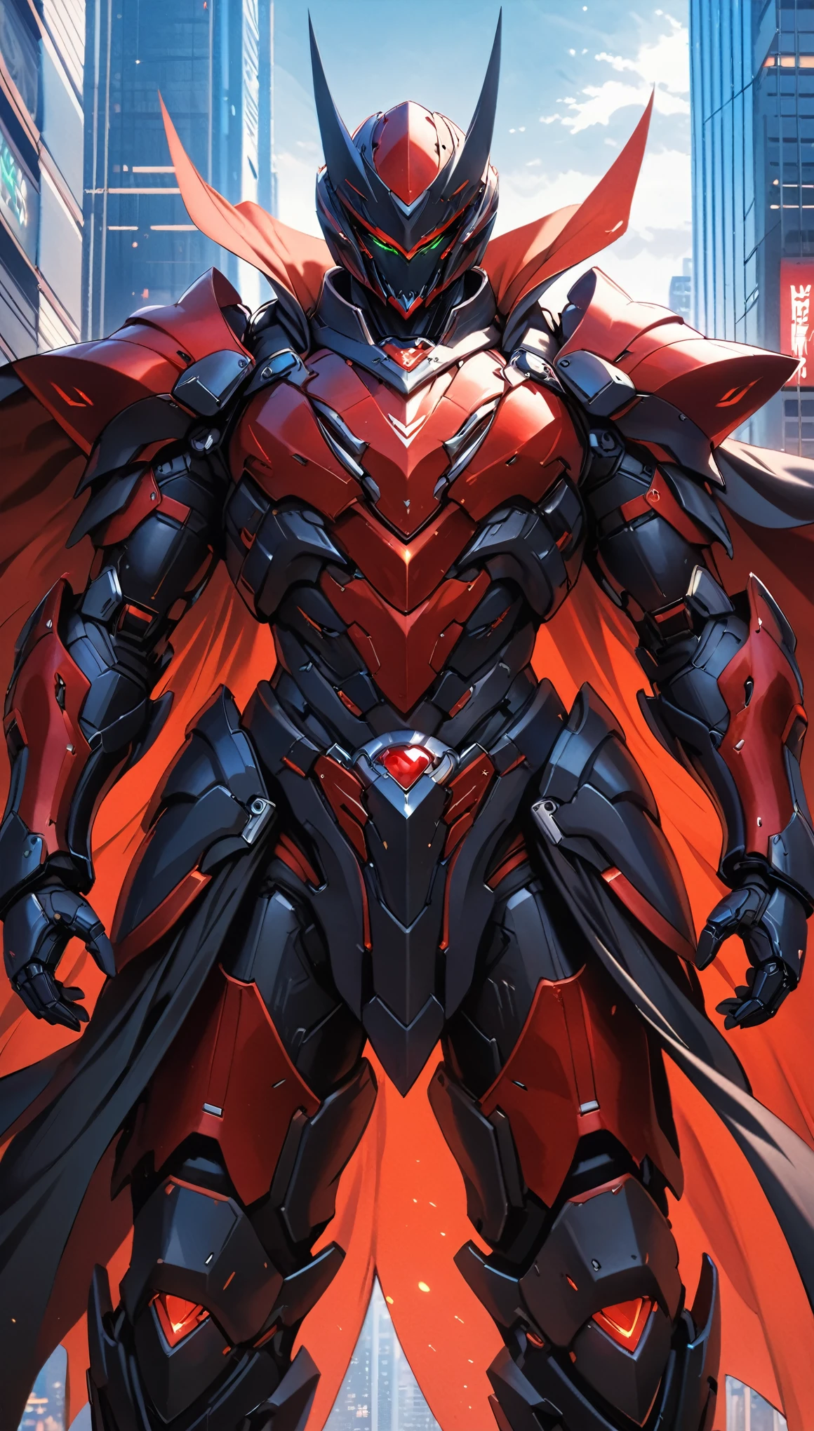 A man wearing a full-face helmet, a fantasy-style biotech armored combat suit, green eyes, (a composite layered chest armor), fully enclosed shoulder guards, matching arm and leg guards, the belt is adorned with fangs biting into gemstone, (the color scheme is primarily blue with black and red accents), the design balances heavy with agility, a high-tech bio-mecha armor, (Armor Concept Inspired by Vampire, the huge cape fluttering in the wind, stand on the top of a skyscraper in a futuristic sci-fi city), this character embodies a finely crafted fantasy-surreal style armored hero in anime style, exquisite and mature manga art style, (battle damage, element, blood, plasma, energy, the armor glows), ((male:1.5)), metallic, real texture material, dramatic, high definition, best quality, highres, ultra-detailed, ultra-fine painting, extremely delicate, professional, perfect body proportions, golden ratio, anatomically correct, symmetrical face, extremely detailed eyes and face, high quality eyes, creativity, RAW photo, UHD, 32k, Natural light, cinematic lighting, masterpiece-anatomy-perfect, masterpiece:1.5