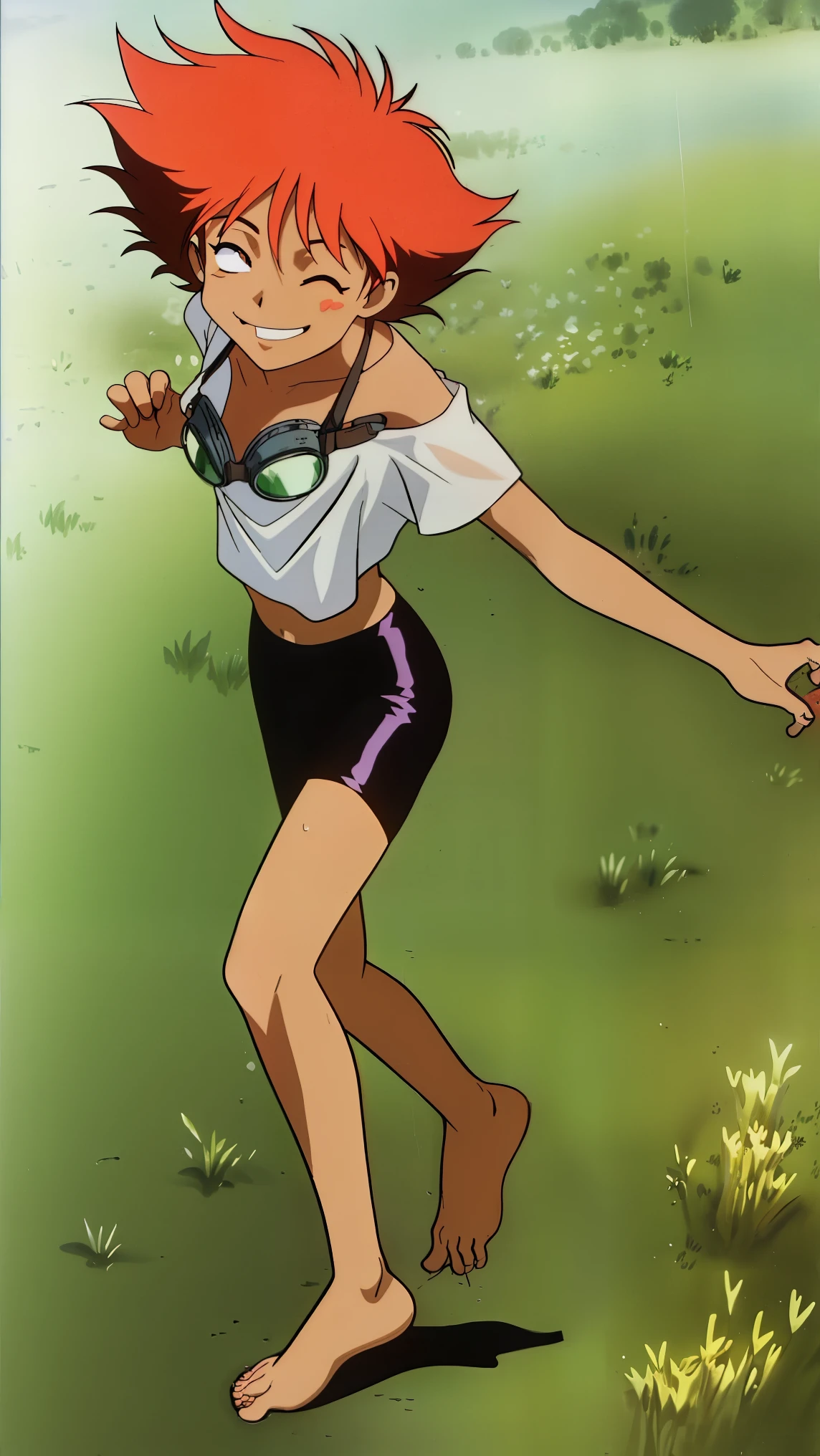 Edward, (((dancing))) in the rain, barefoot, raining hard, full body, feet in puddle, hands in the air, looking up at the sky, eyes closed, (((field background))) smiling, wet clothes, wet hair, clothing clinging to skin, midriff,orange hair,white shirt,off shoulder,collarbone,tan skin, black bike shorts,goggles, brown eyes, smiling, breasts, cleavage (insanely detailed, beautiful detailed face, masterpiece, best quality),
