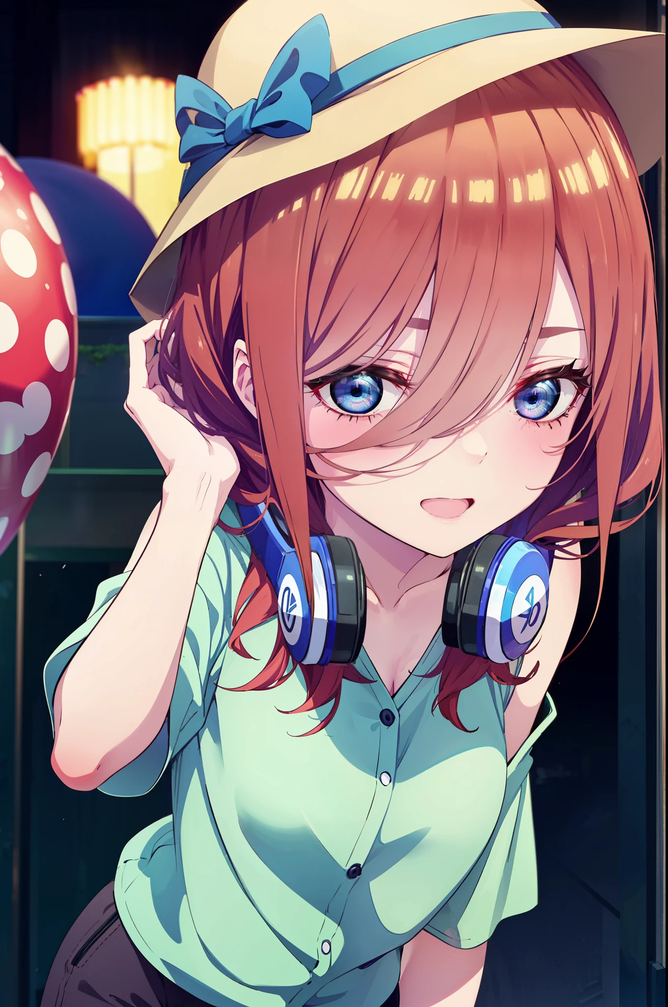 Mikunakano, Miku Nakano, Long Hair, bangs, blue eyes, Brown Hair, shirt, Hair between the eyes, cardigan, Headphones around neck,happy smile, smile, Open your mouth,Cold shoulder tops,Short sleeve,Shorts,High-top sneakers,Applejack Hat,Walking,whole bodyがイラストに入るように,Ferris wheel, roller coaster, carousel, balloon, playground, Seaside, green, amusement park
break indoors, amusement park,
break looking at viewer, whole body,(Cowboy Shot:1. 5)
break (masterpiece:1.2), highest quality, High resolution, unity 8k wallpaper, (figure:0.8), (Beautiful fine details:1.6), Highly detailed face, Perfect lighting, Highly detailed CG, (Perfect hands, Perfect Anatomy),