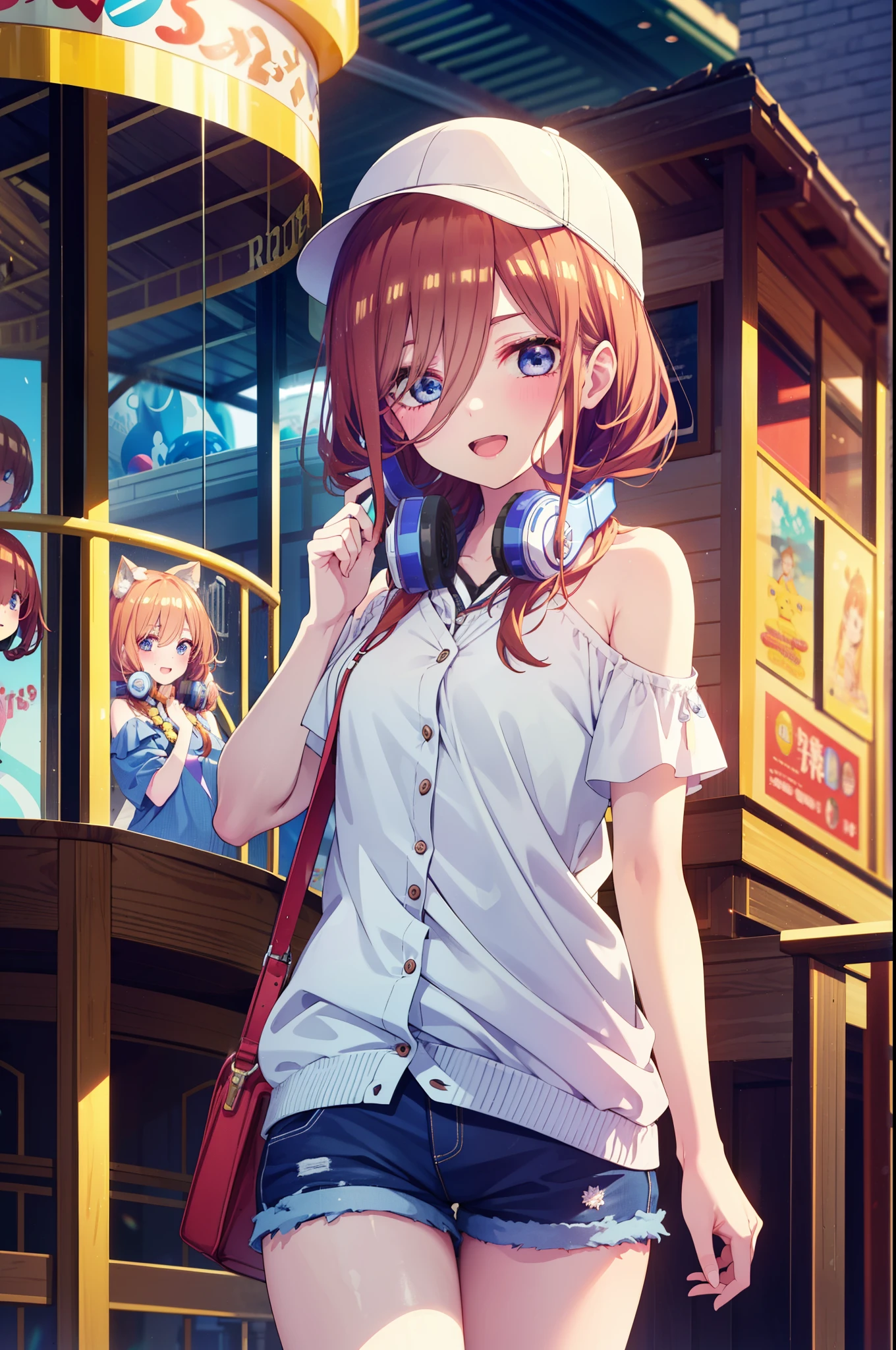 Mikunakano, Miku Nakano, Long Hair, bangs, blue eyes, Brown Hair, shirt, Hair between the eyes, cardigan, Headphones around neck,happy smile, smile, Open your mouth,Cold shoulder tops,Short sleeve,Shorts,High-top sneakers,Applejack Hat,Walking,whole bodyがイラストに入るように,Ferris wheel, roller coaster, carousel, balloon, playground, Seaside, green, amusement park
break indoors, amusement park,
break looking at viewer, whole body,(Cowboy Shot:1. 5)
break (masterpiece:1.2), highest quality, High resolution, unity 8k wallpaper, (figure:0.8), (Beautiful fine details:1.6), Highly detailed face, Perfect lighting, Highly detailed CG, (Perfect hands, Perfect Anatomy),