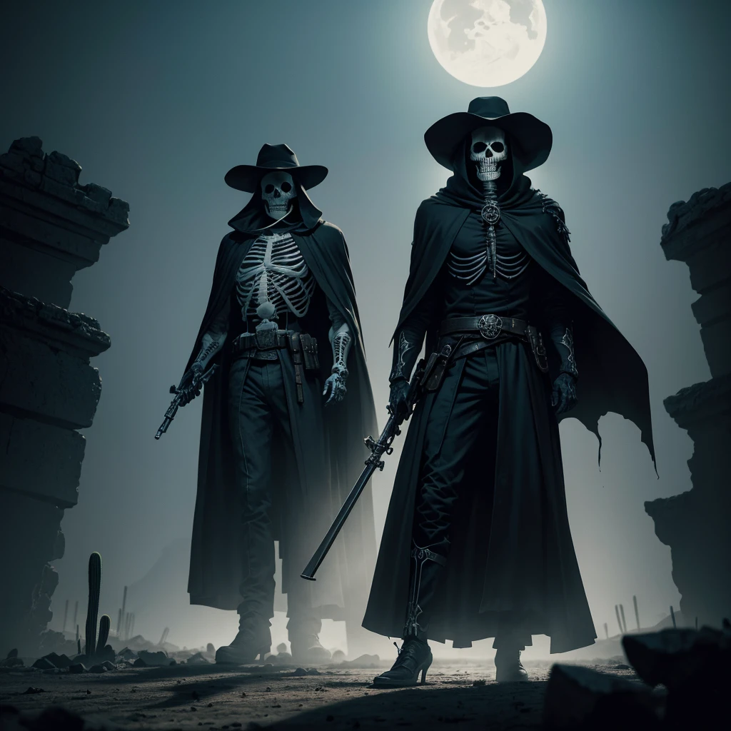 A striking dark fantasy illustration of a skeleton dressed in white robes and a wide-brimmed hat, wielding two intricately detailed smoking guns. The sinister smirk on the skull adds a chilling touch, as if hinting at recent violence. In the dimly lit, desolate desert landscape, the skeleton stands amidst cacti and crumbling stone structures, casting a looming shadow. The atmosphere is eerie and mysterious, evoking a sense of impending doom., dark fantasy